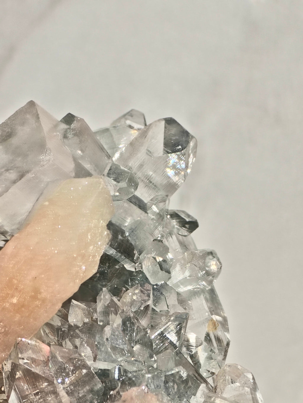 Diamond Apophyllite on Blue Chalcedony with Peach Stilbite & Calcite (AAA Grade)
