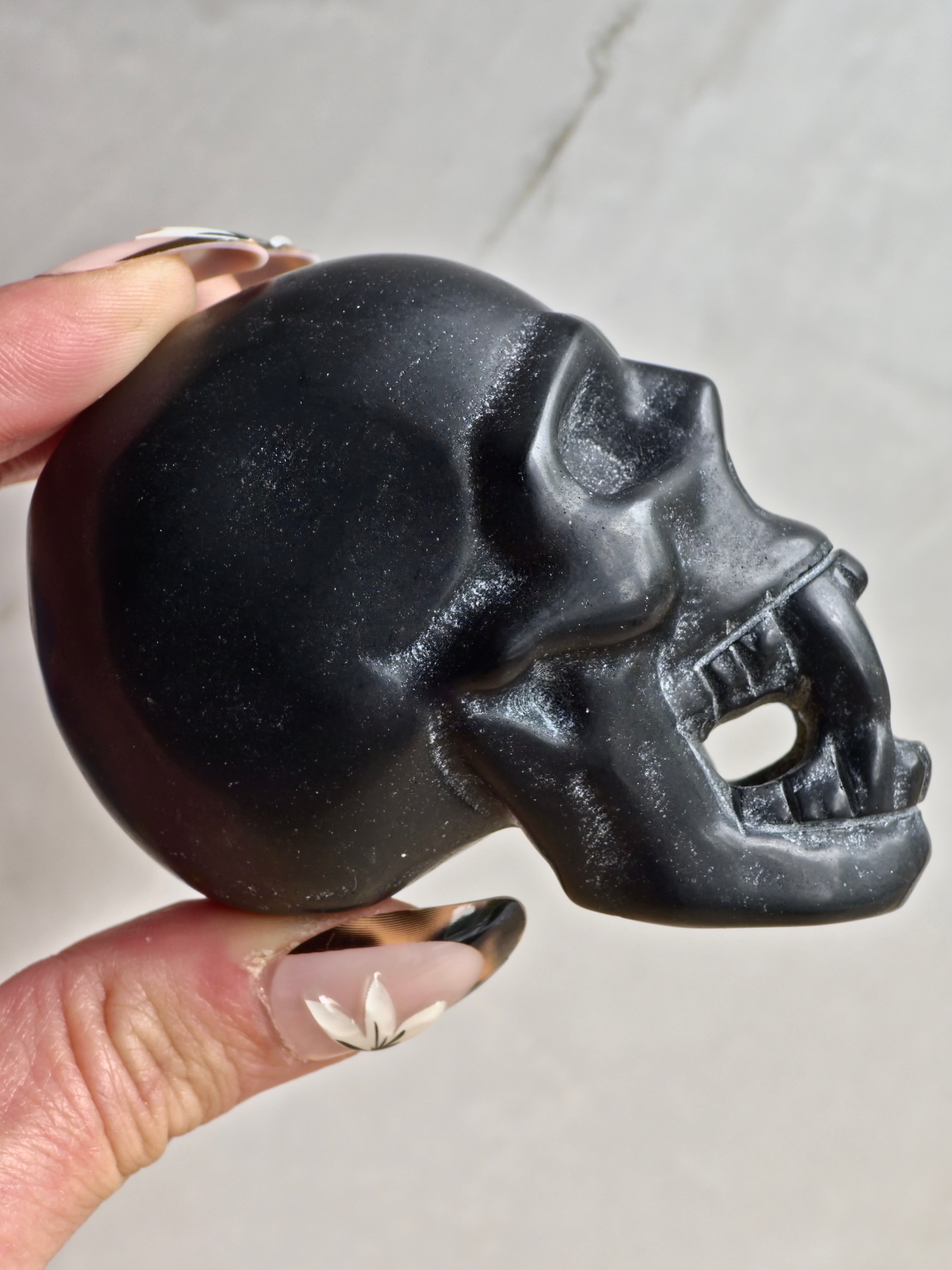 Matt Black Obsidian Vampire Skull Carving