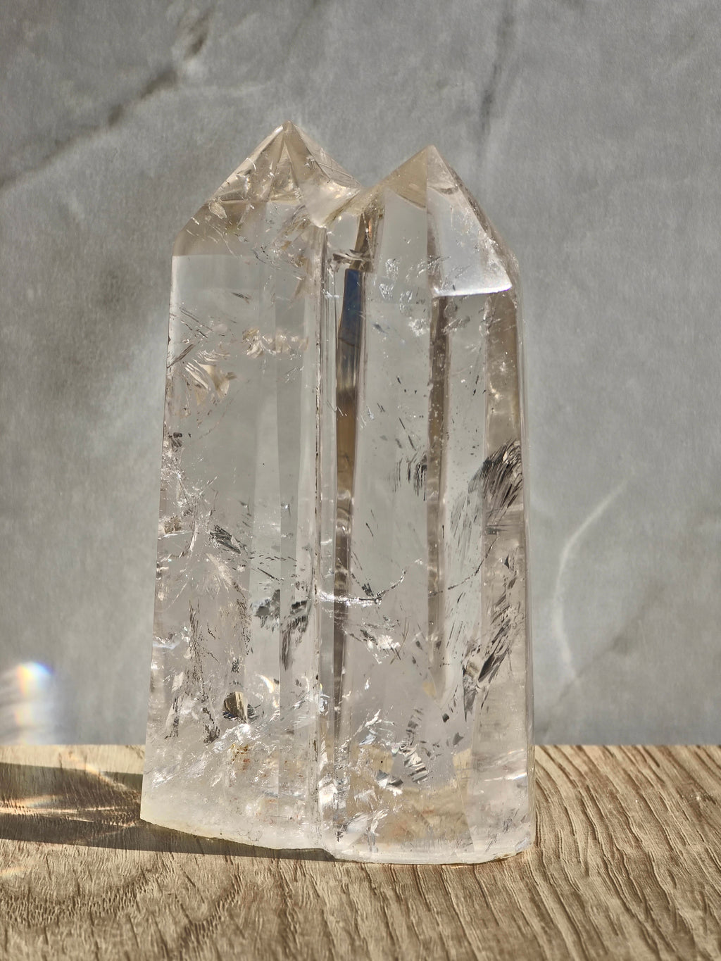Clear Quartz Twin Tower with rainbow refractions