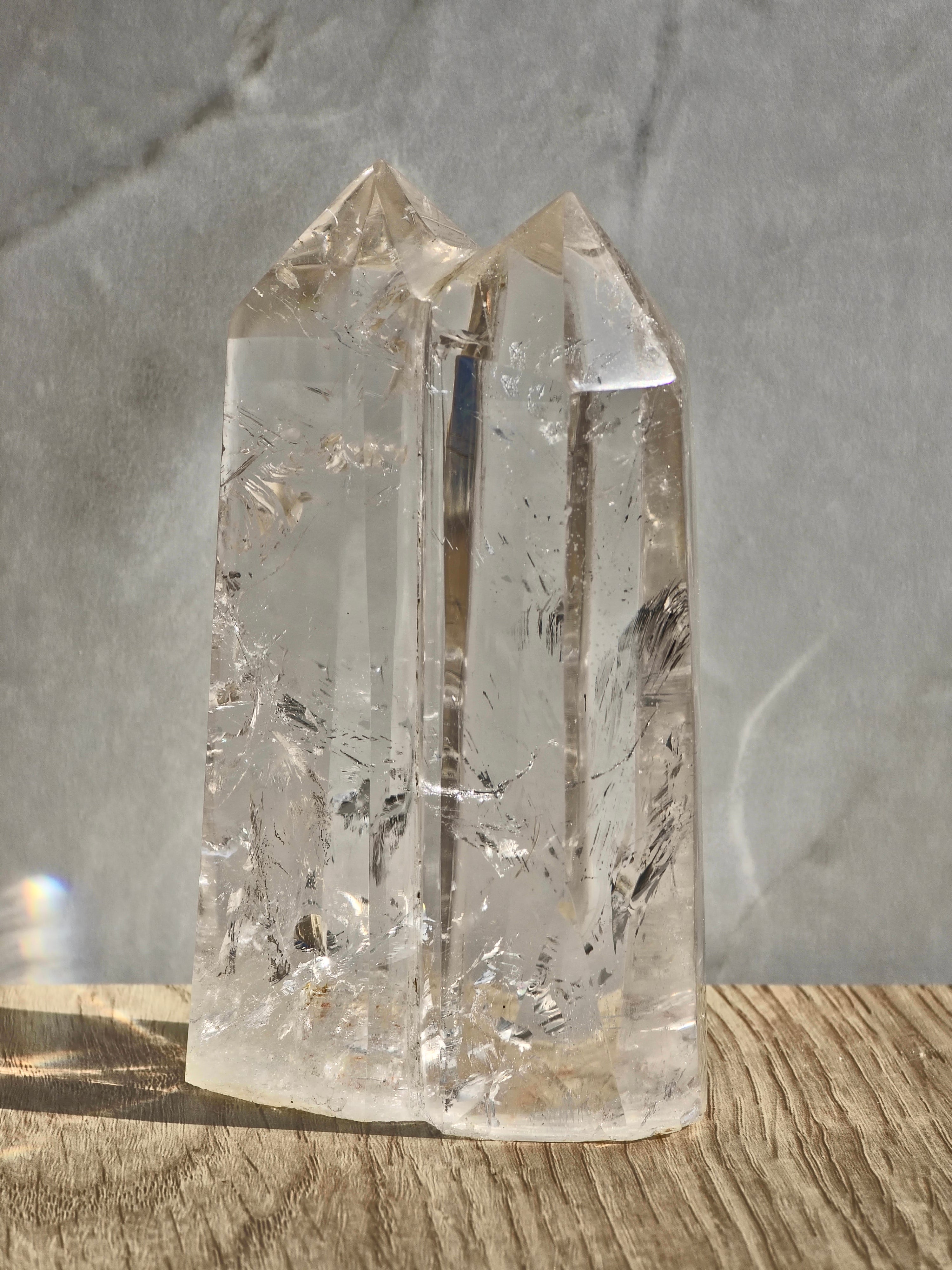 Clear Quartz Twin Tower with rainbow refractions
