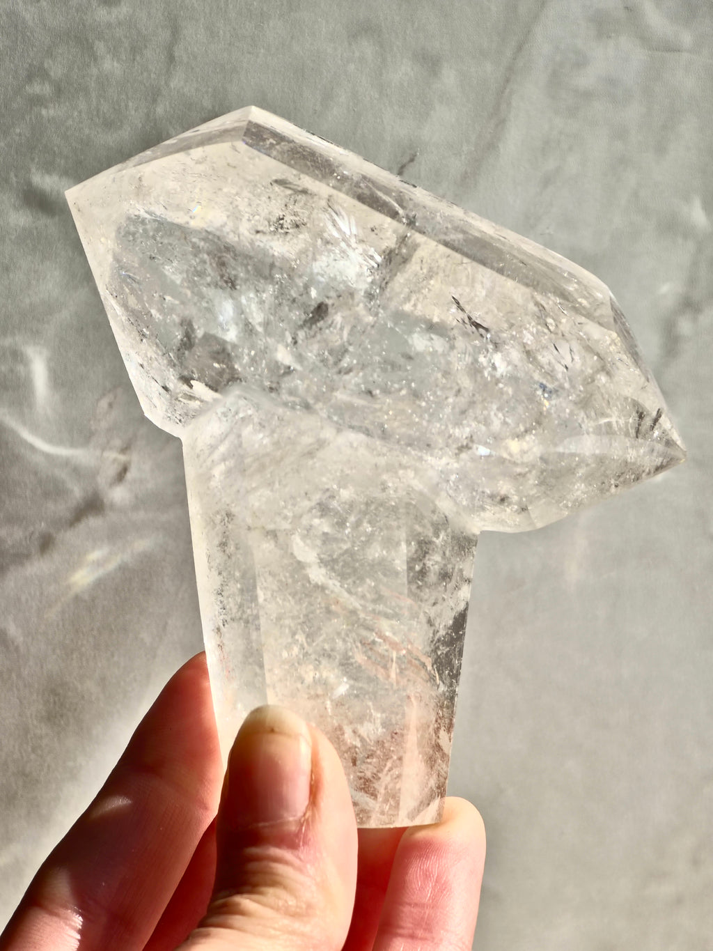 Clear Quartz Imtersecting Twin Firmation with Inclusions and Rainbow Refraction
