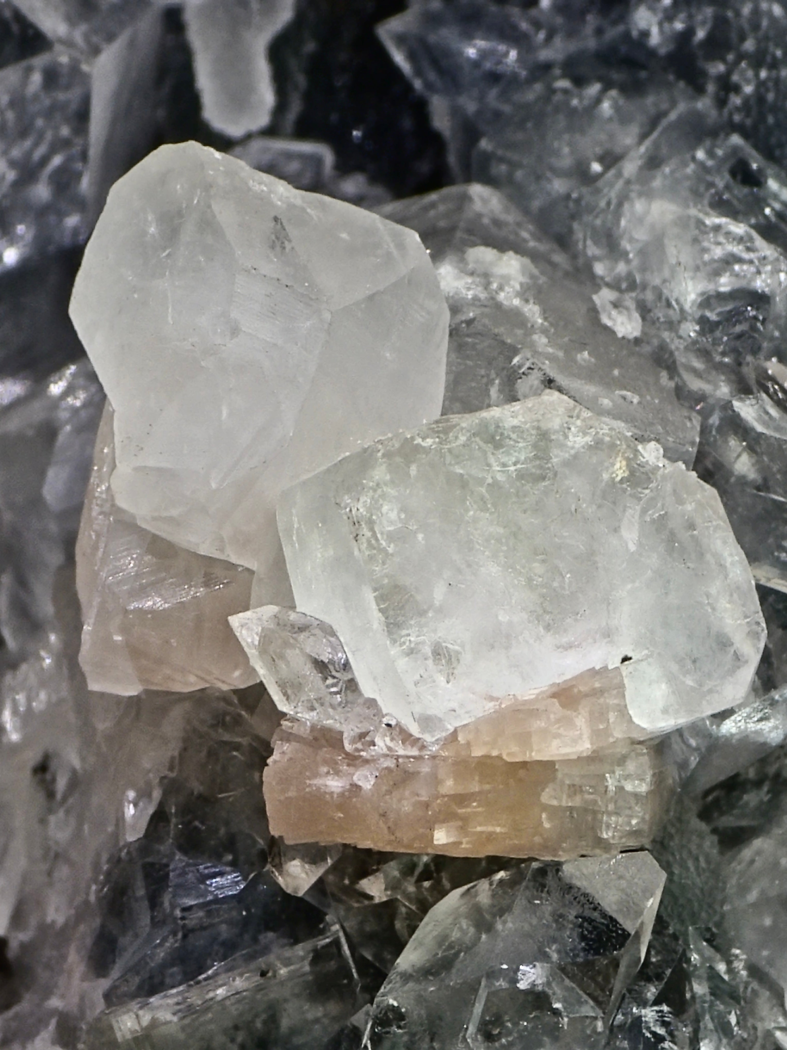 AAA Apophyllite on Blue Chalcedony with Stilbite Cluster