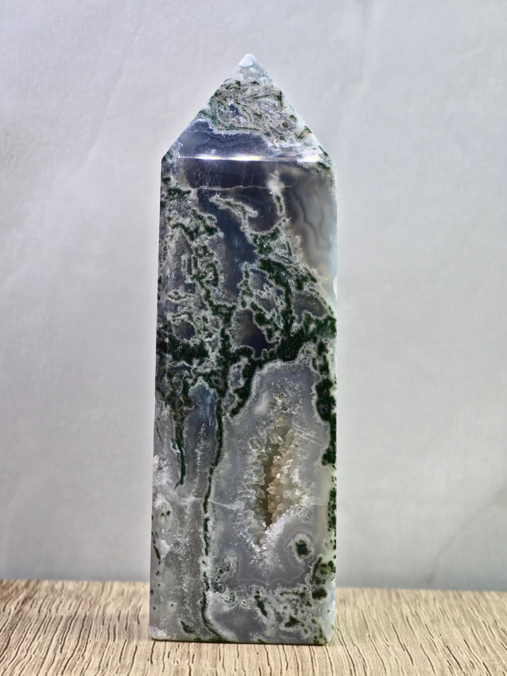 Moss Agate Druzy Tower — Quartz with Natural Inclusions + Open Crystal Pocket