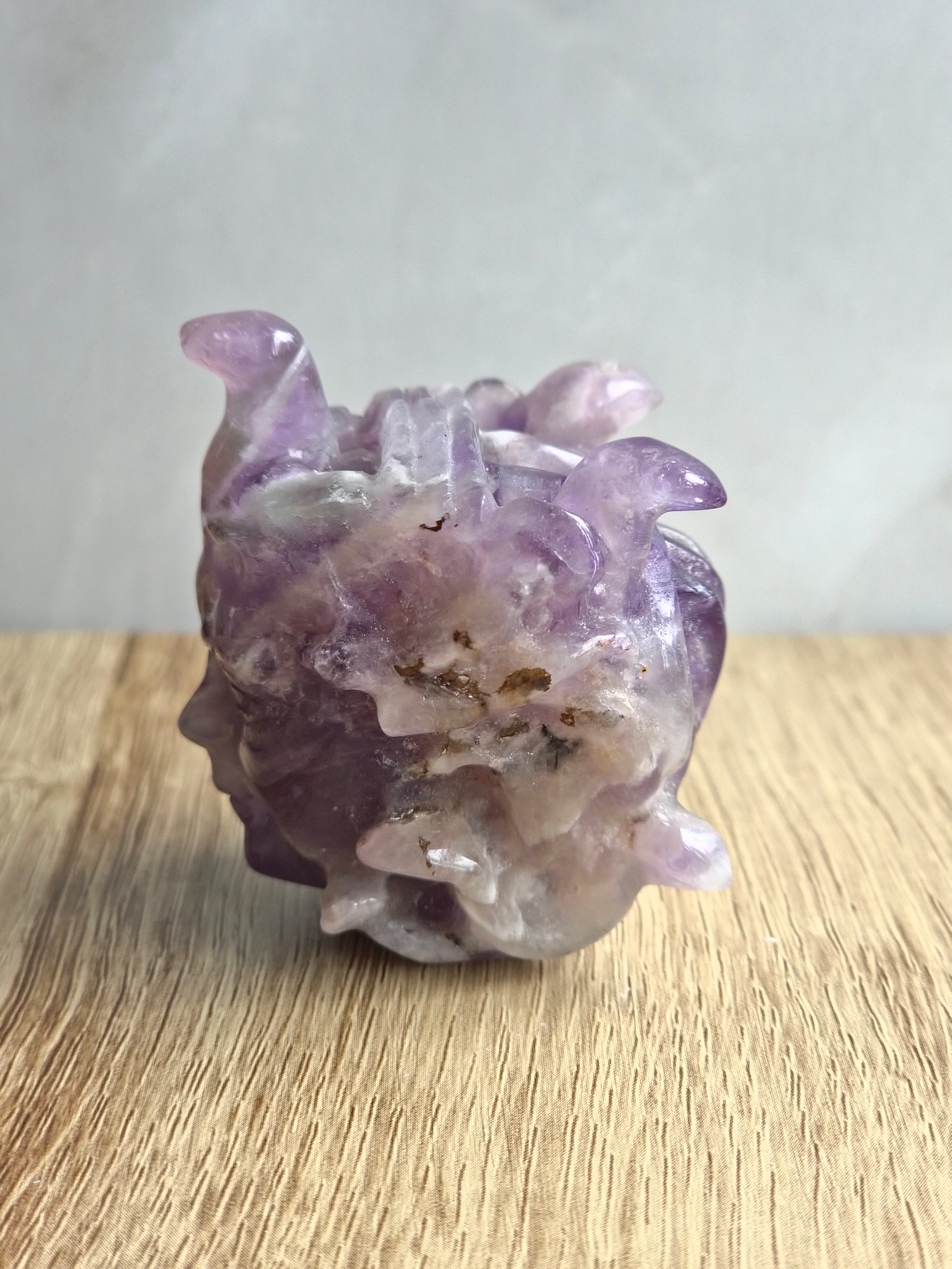 Amethyst Medusa Carving with Chevron Patterning & Natural Inclusions