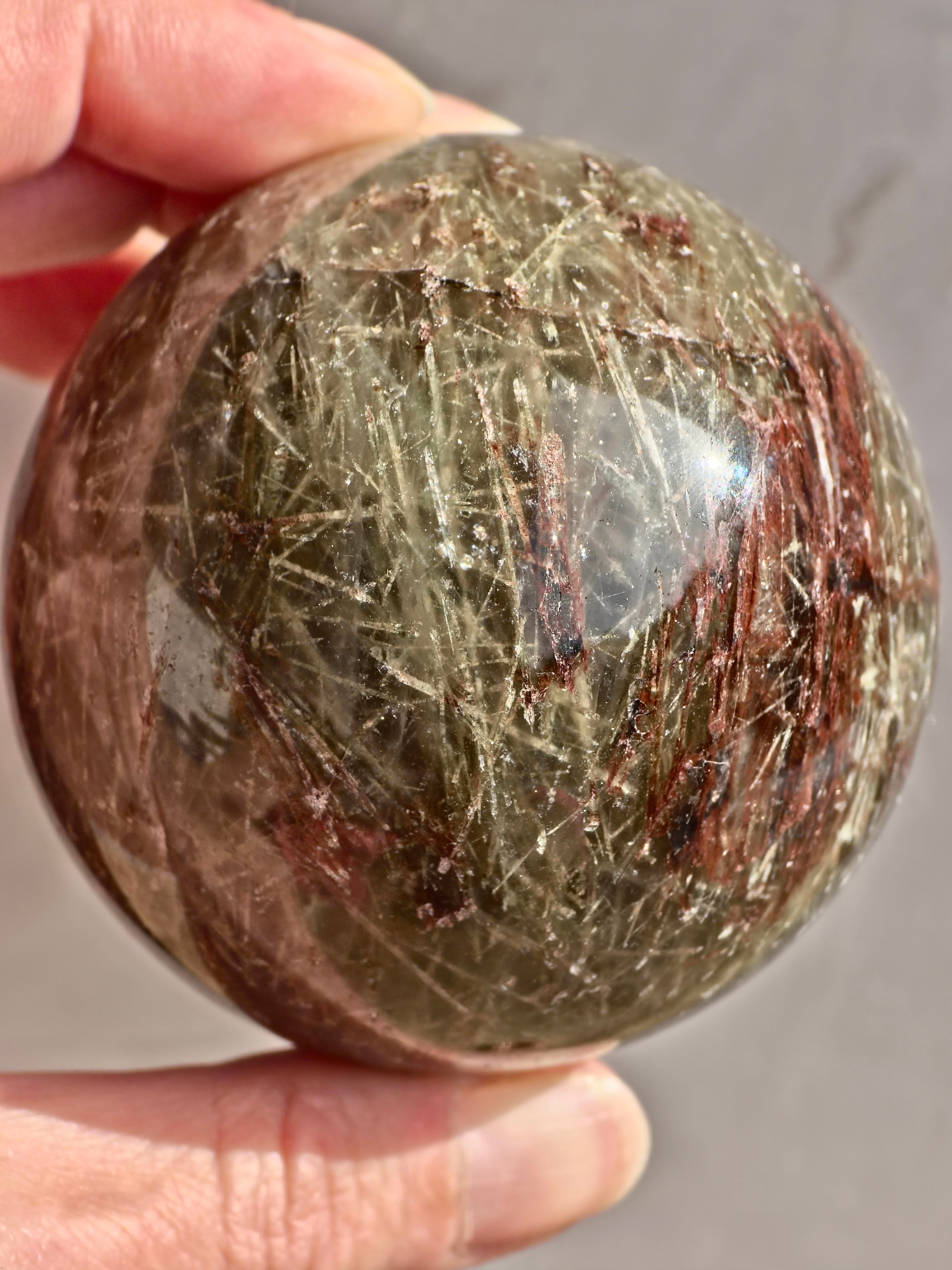 Green and Red Rutile Quartz Sphere