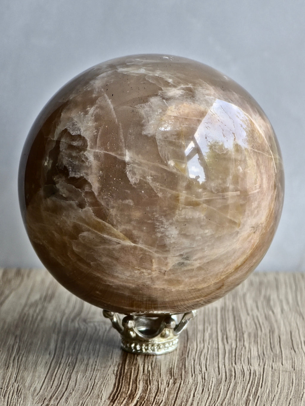 Peach Moonstone Sphere — Layered Feldspar with Strong Adularescence + Structural Zoning