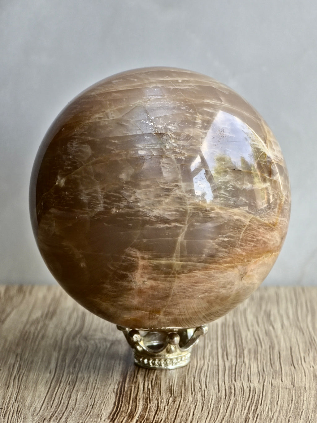 Peach Moonstone Sphere — Layered Feldspar with Strong Adularescence + Structural Zoning