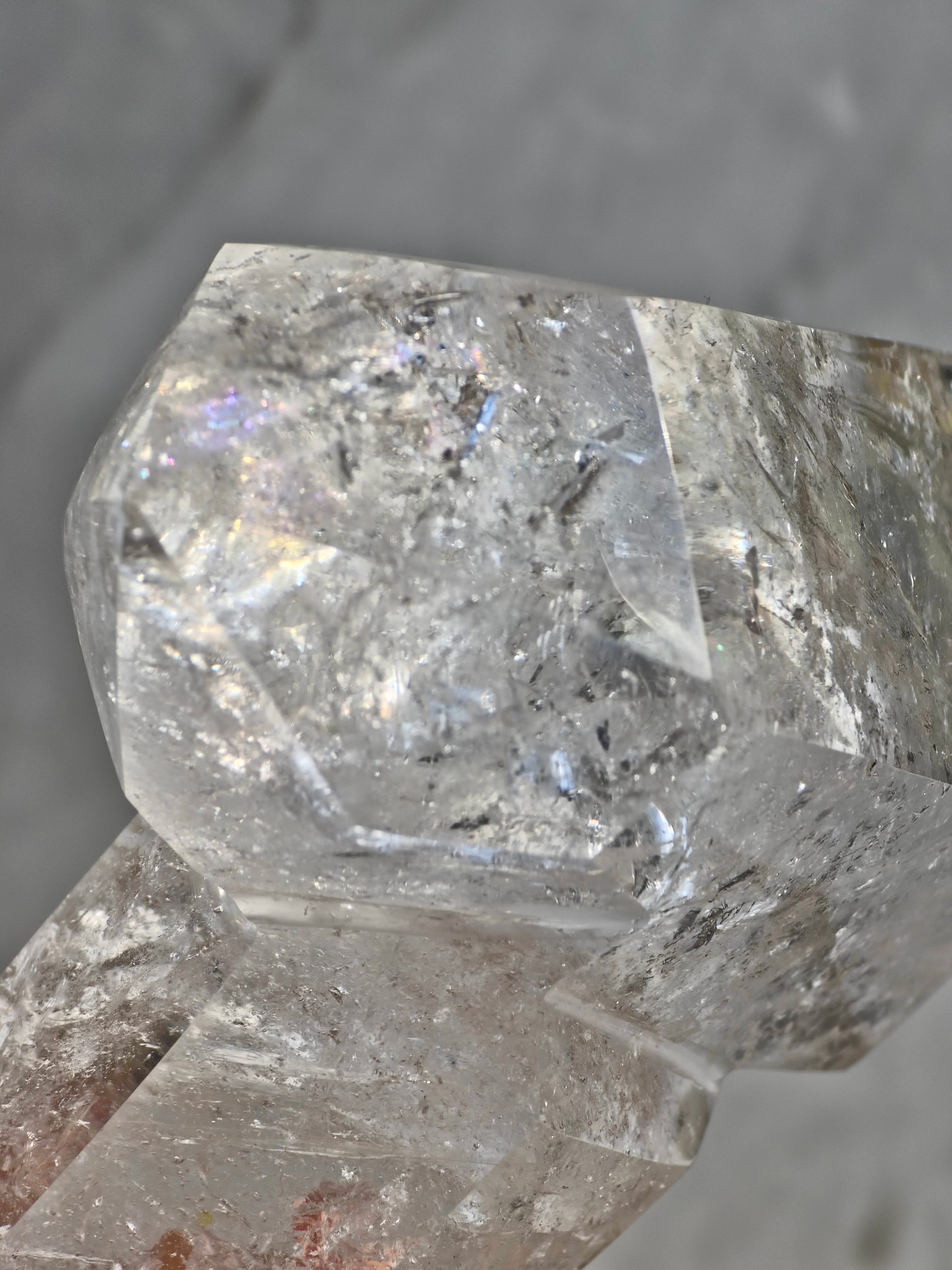Clear Quartz Imtersecting Twin Firmation with Inclusions and Rainbow Refraction