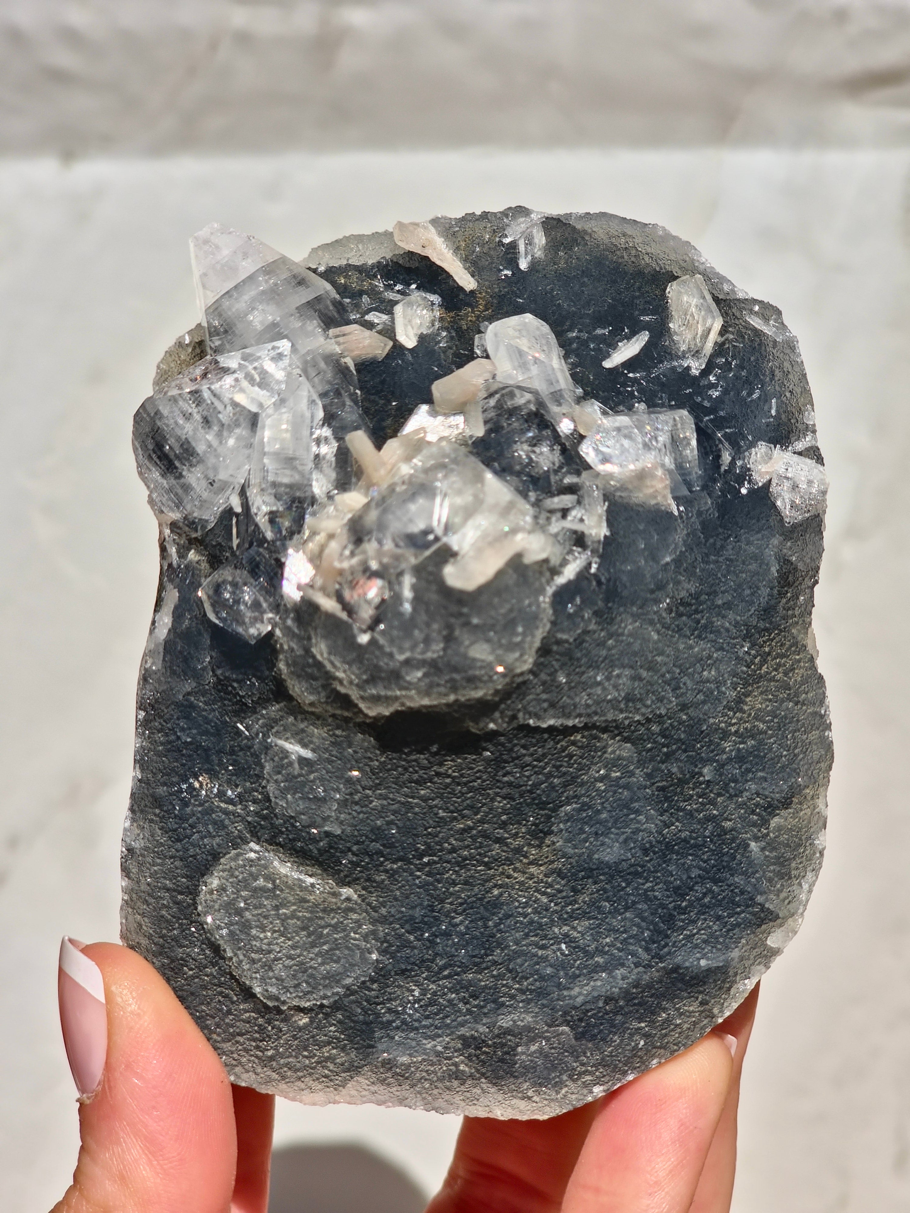 AAA Diamond Apophyllite on Blue Chalcedony with Peach Stilbite