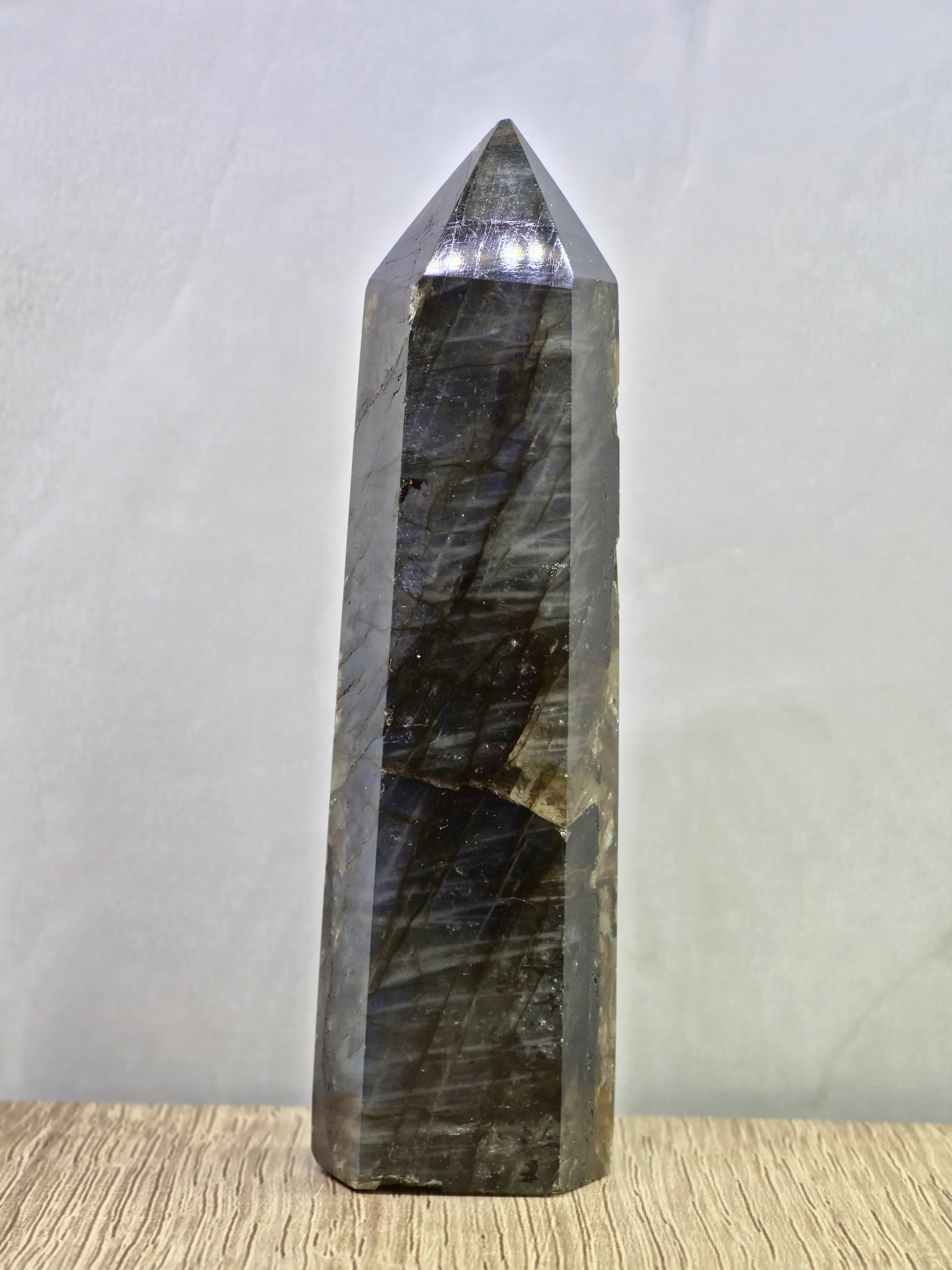 Labradorite Tower — Blue Flash with Internal Fracture Patterns