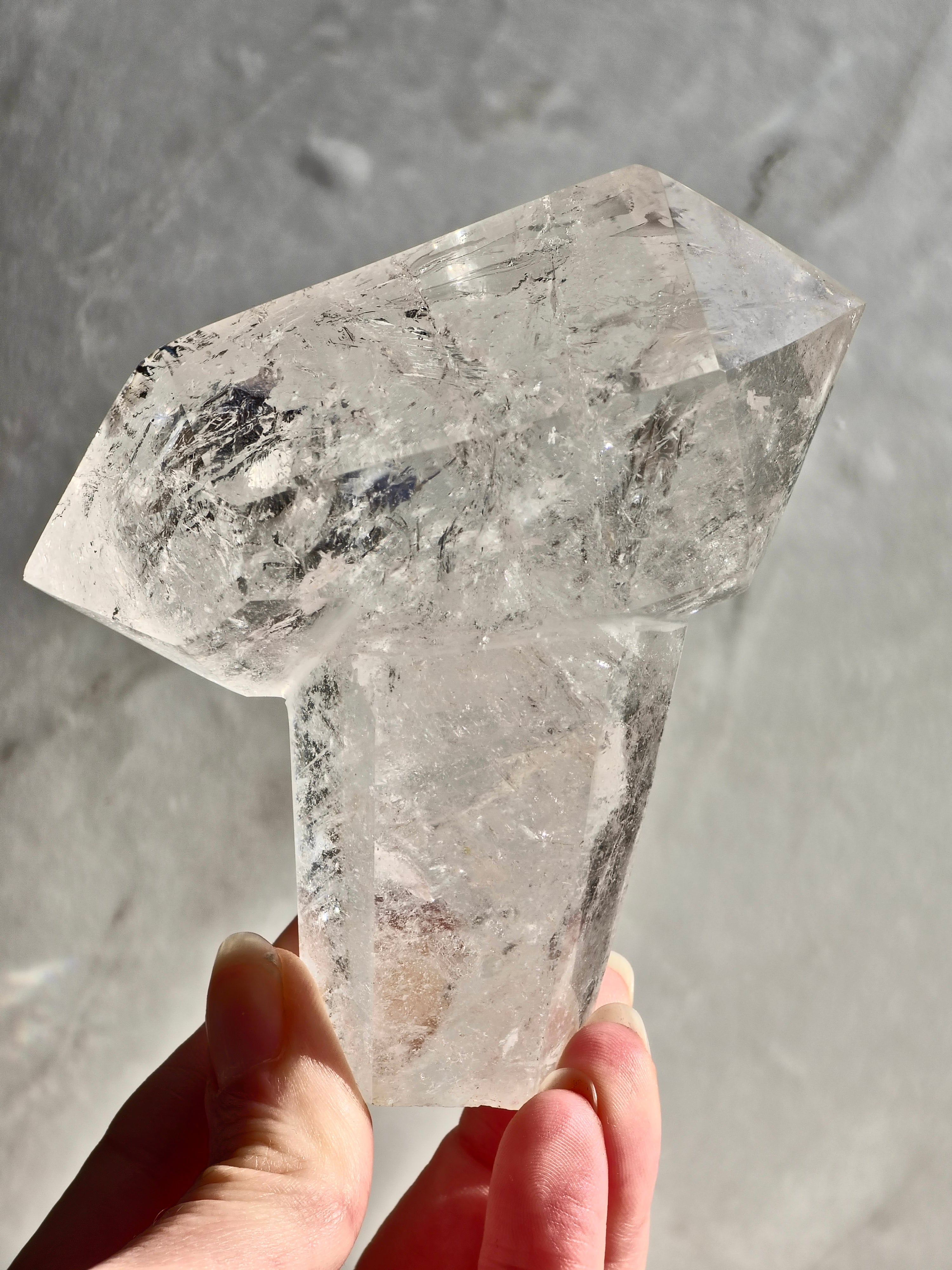 Clear Quartz Imtersecting Twin Firmation with Inclusions and Rainbow Refraction