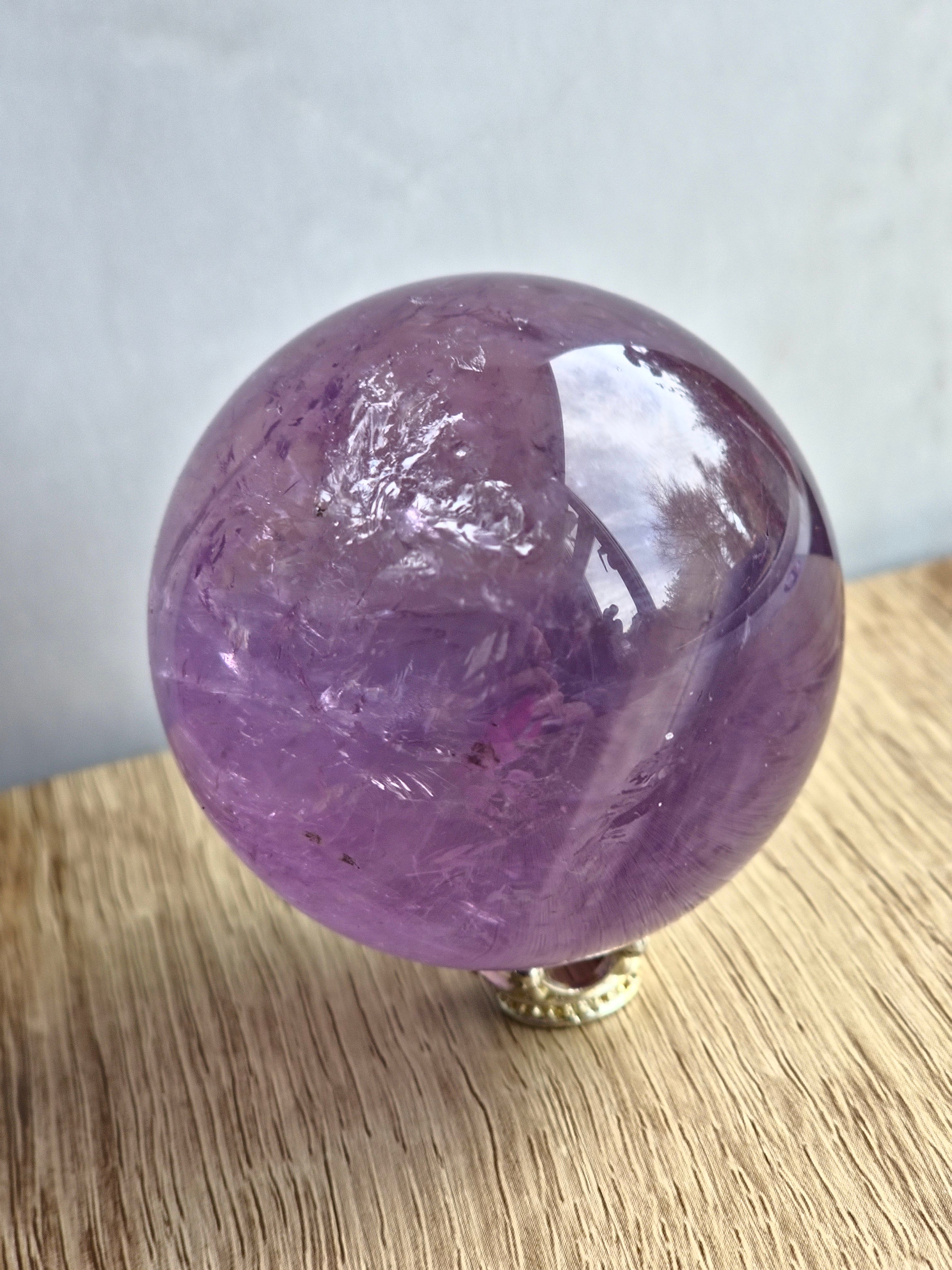 Lavender Amethyst Sphere with Internal Veils & Subtle Rainbow Flash