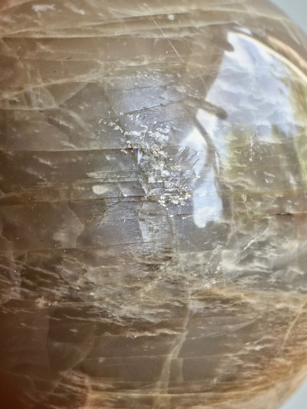 Peach Moonstone Sphere — Layered Feldspar with Strong Adularescence + Structural Zoning