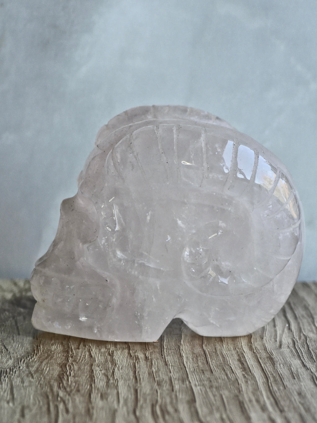 Rose quartz skull with ram horns