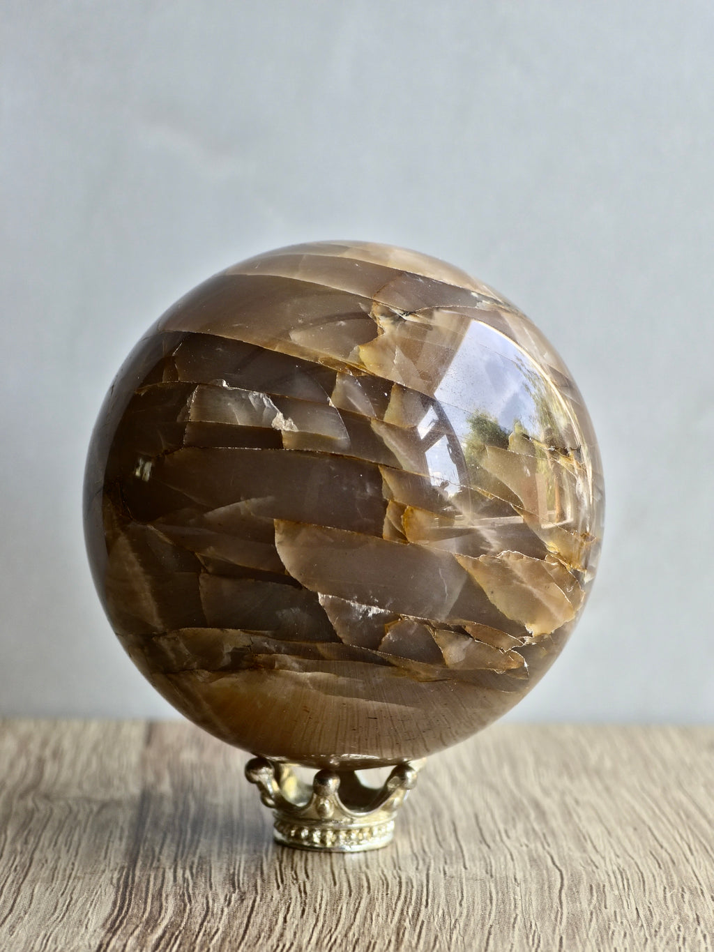 Peach Moonstone Sphere - Layered Feldspar with Internal Sheen + Fracture Patterning