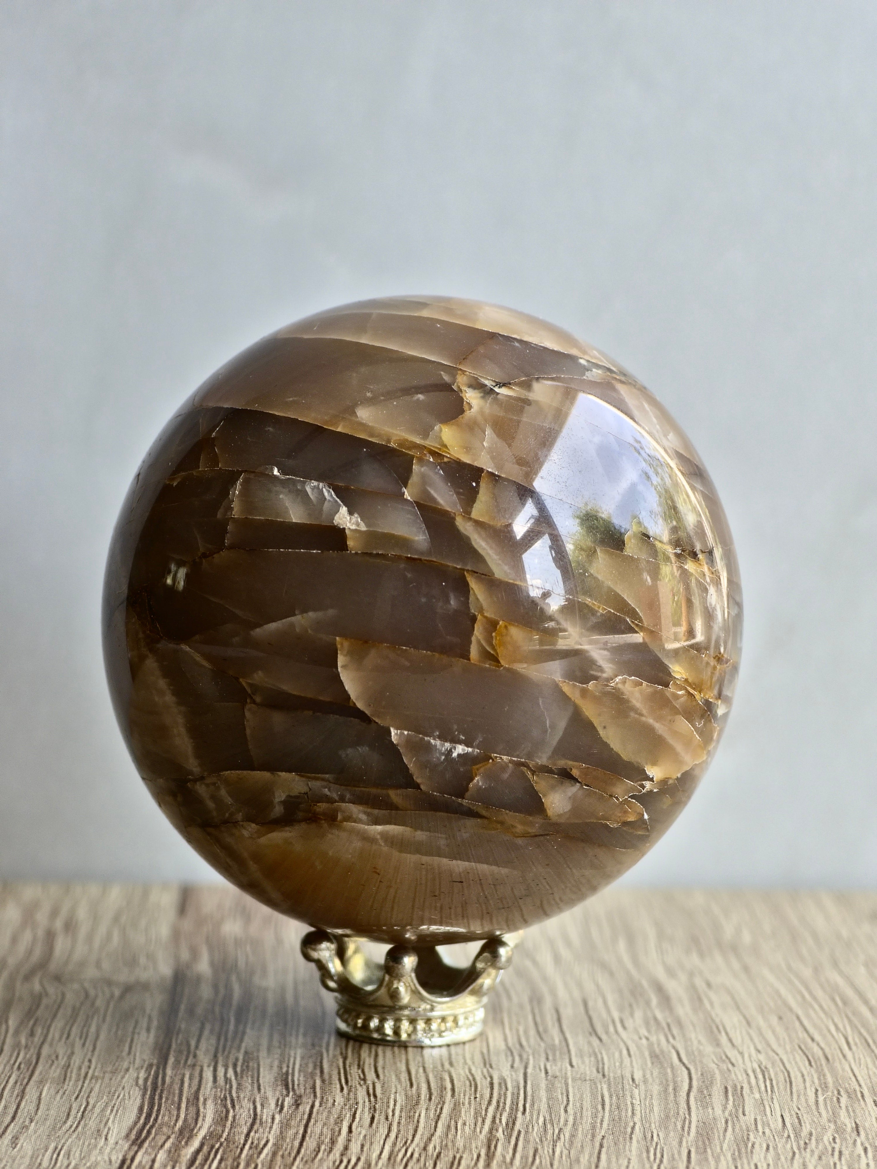 Peach Moonstone Sphere - Layered Feldspar with Internal Sheen + Fracture Patterning