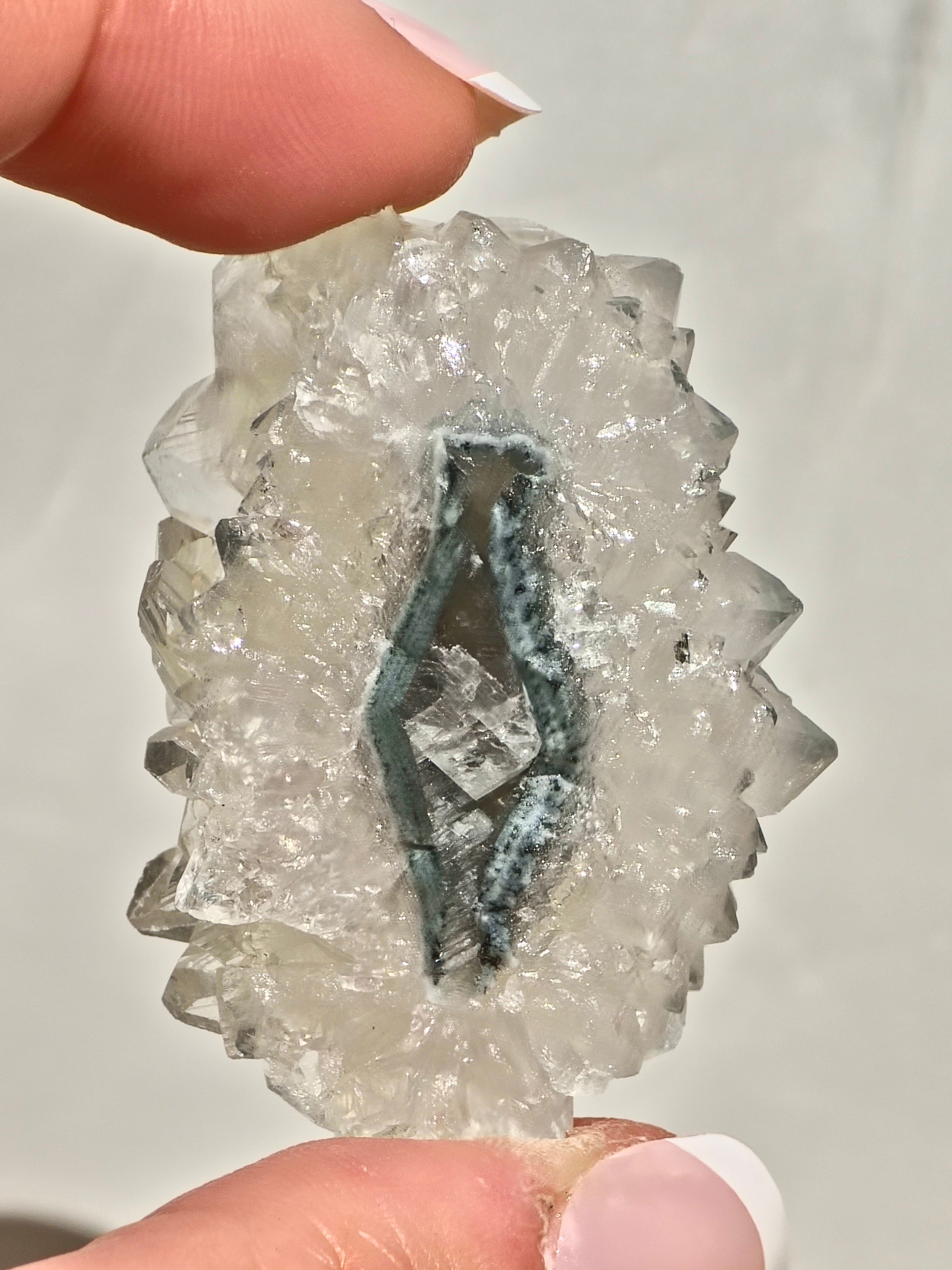 Radiating “Flower Formation” Apophyllite on Blue Chalcedony Cluster (AAA Grade)