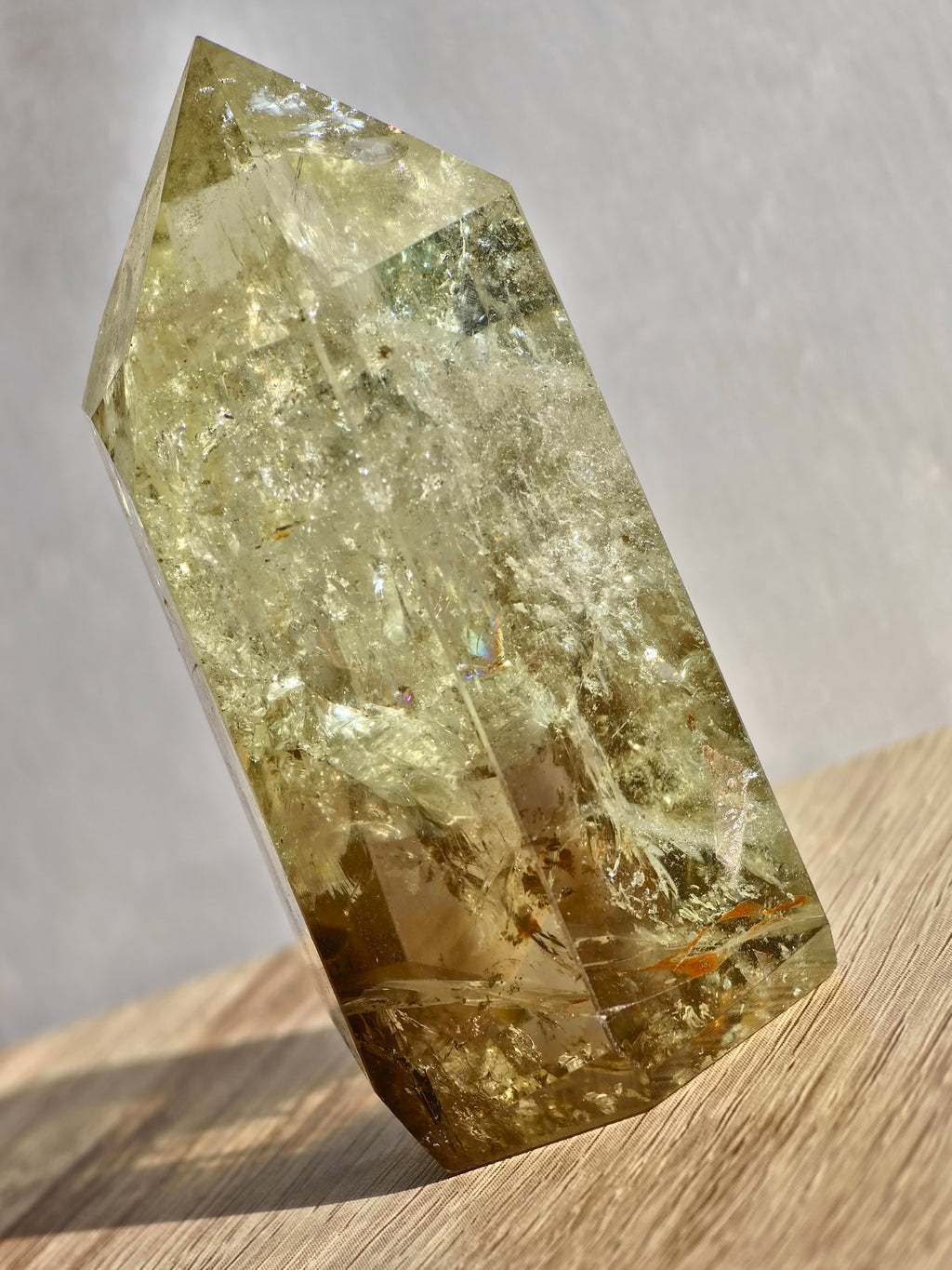 Citrine tower with phantom lines and rainbows