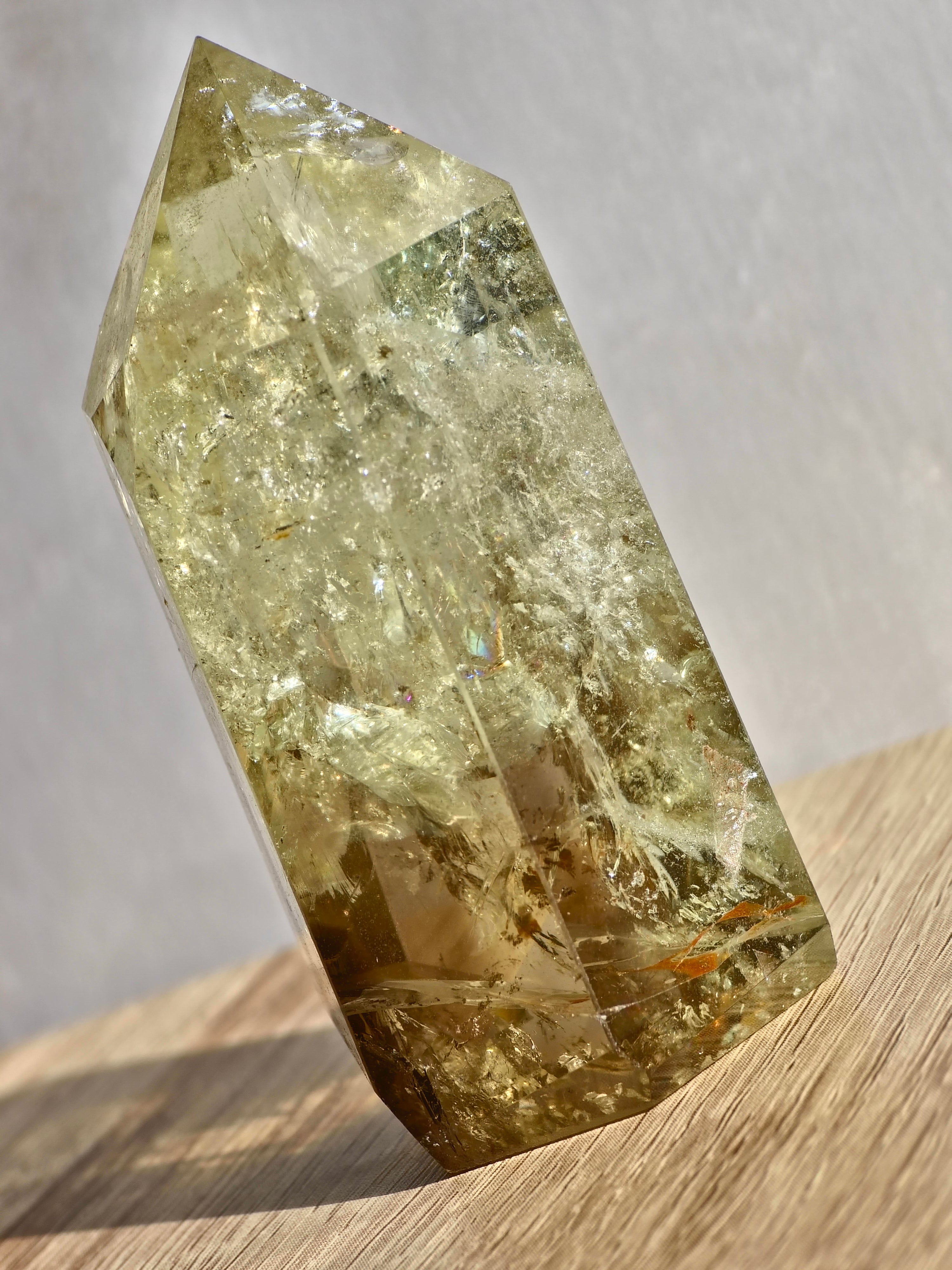 Citrine tower with phantom lines and rainbows