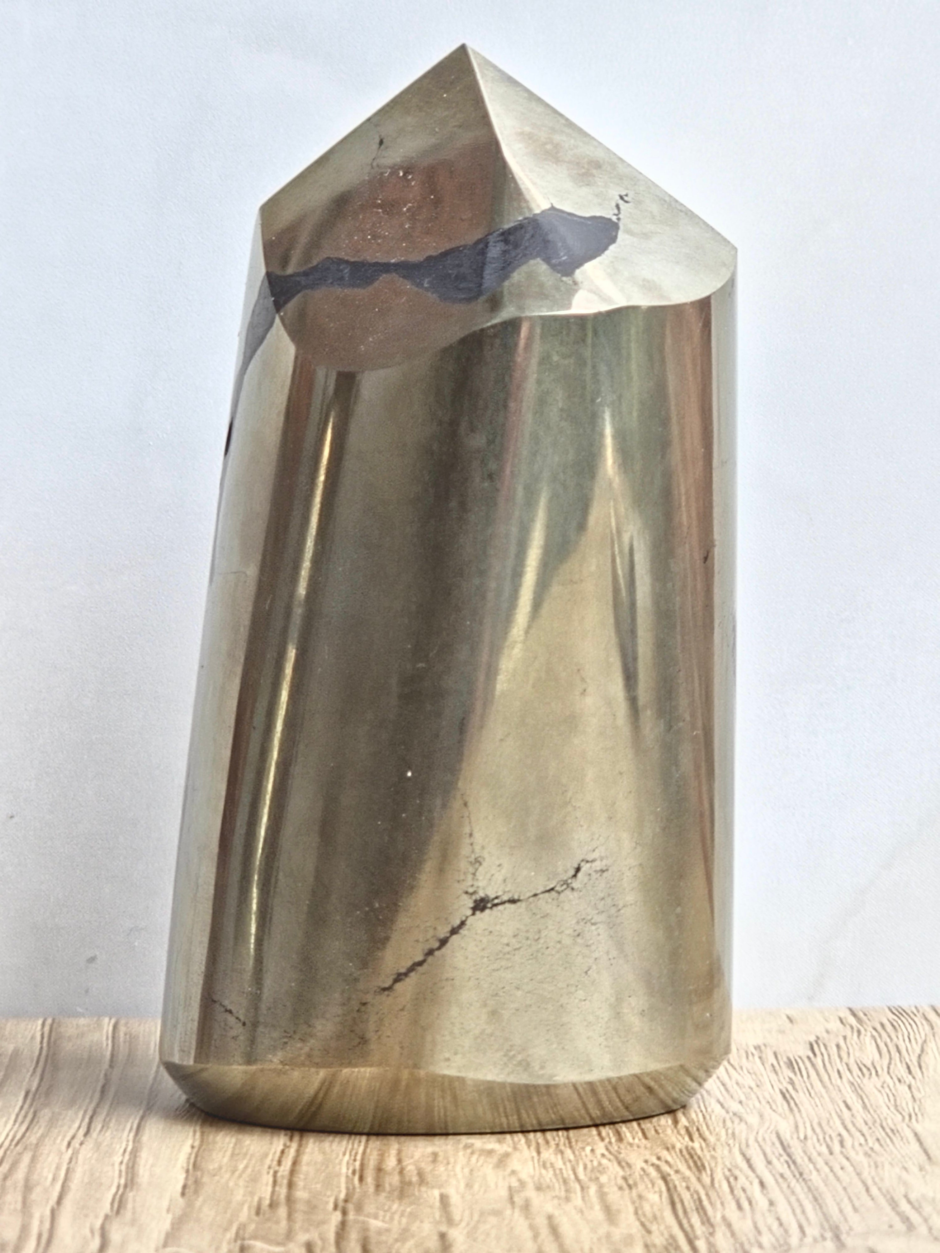 Pyrite Polished Cylinder Tower with Black Tourmaline Inclusion