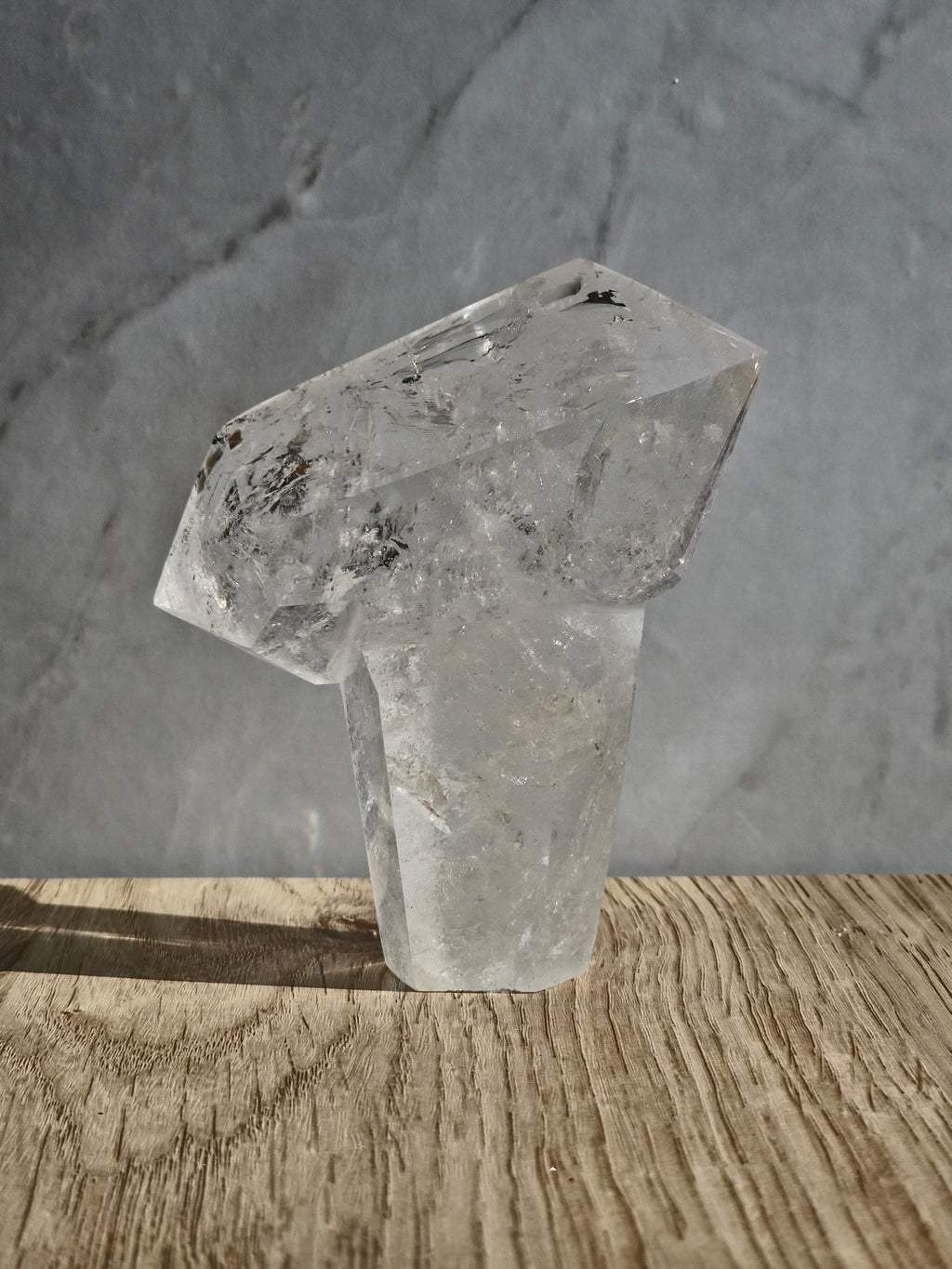 Clear Quartz Imtersecting Twin Firmation with Inclusions and Rainbow Refraction