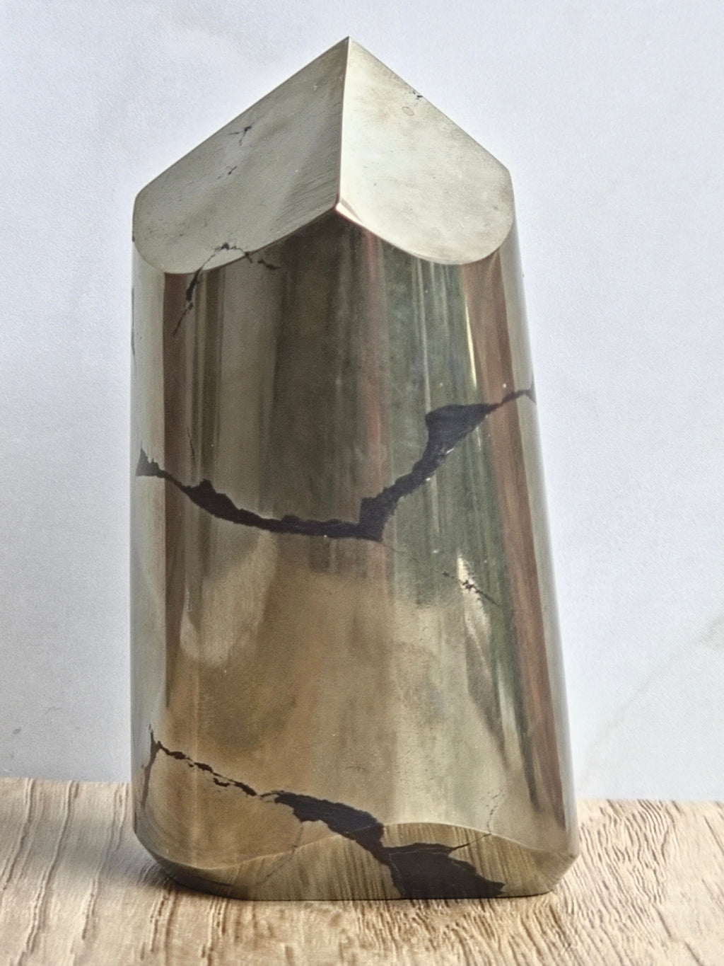 Pyrite Polished Cylinder Tower with Black Tourmaline Inclusion
