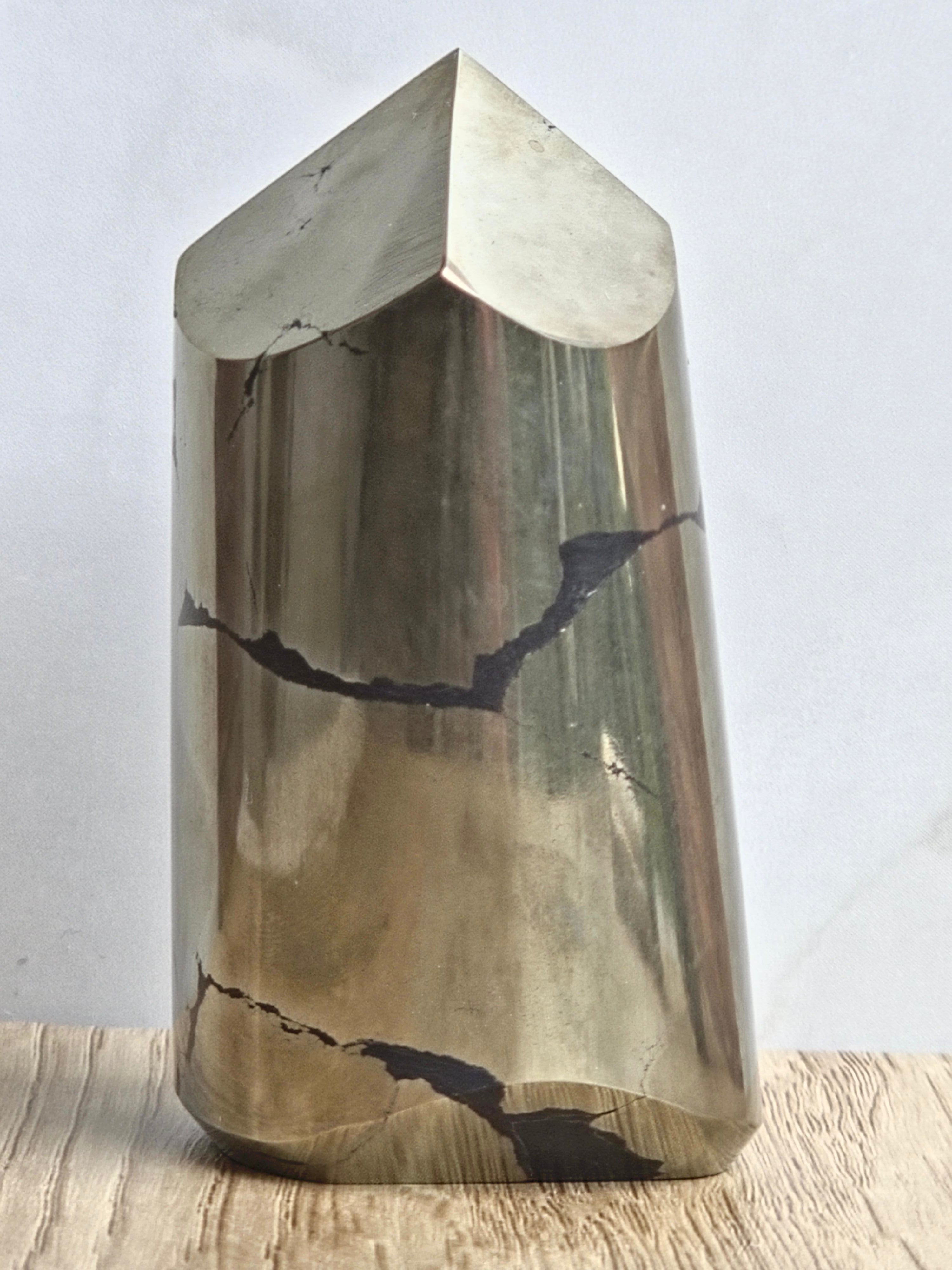 Pyrite Polished Cylinder Tower with Black Tourmaline Inclusion