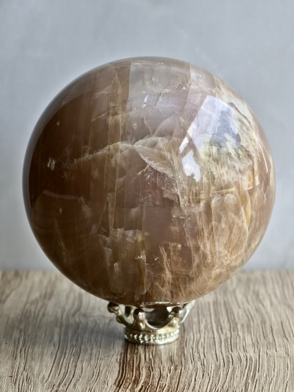 Peach Moonstone Sphere — Layered Feldspar with Strong Adularescence + Structural Zoning