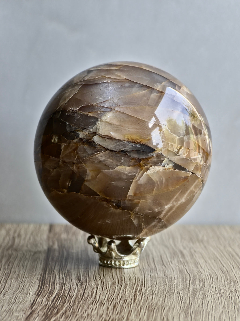 Peach Moonstone Sphere - Layered Feldspar with Internal Sheen + Fracture Patterning