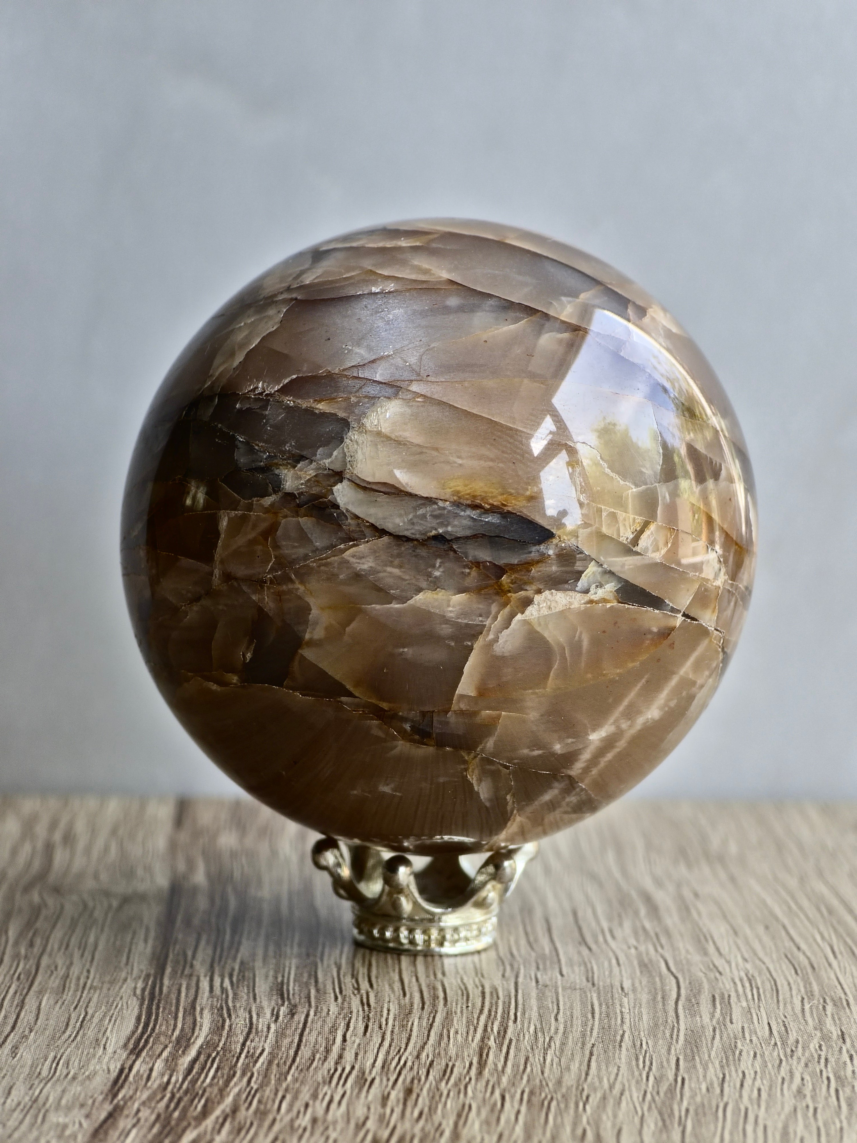 Peach Moonstone Sphere - Layered Feldspar with Internal Sheen + Fracture Patterning