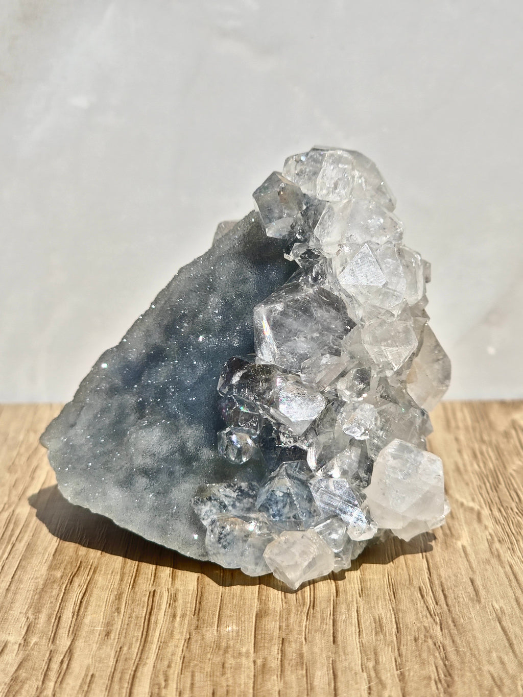 Diamond Apophyllite Cluster on Blue Chalcedony Druzy Matrix
