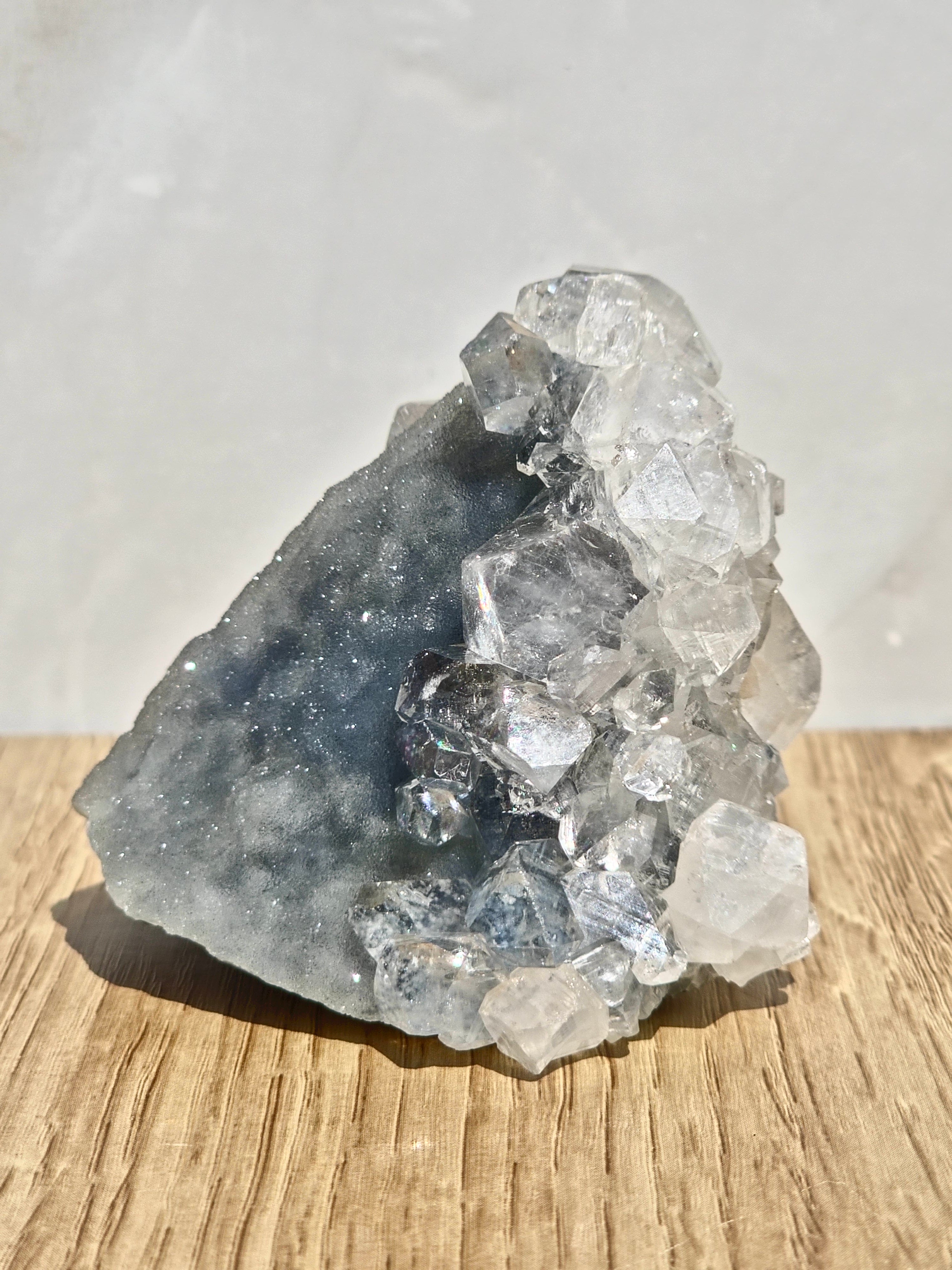 Diamond Apophyllite Cluster on Blue Chalcedony Druzy Matrix