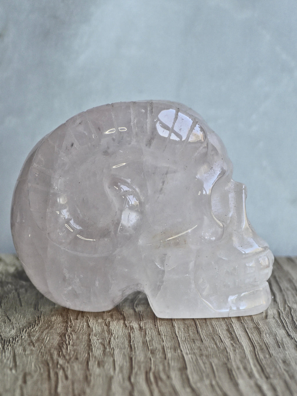 Rose quartz skull with ram horns