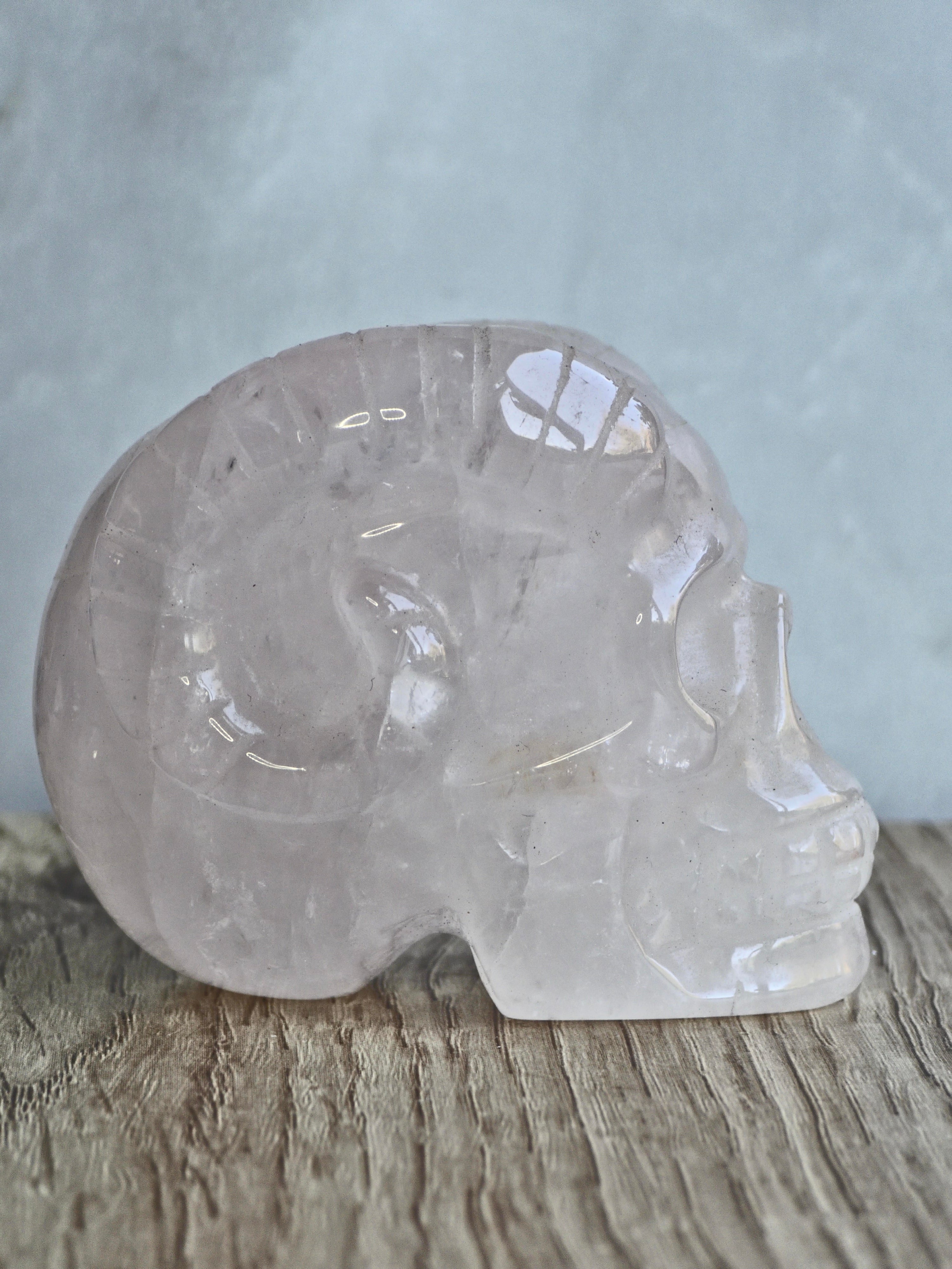 Rose quartz skull with ram horns