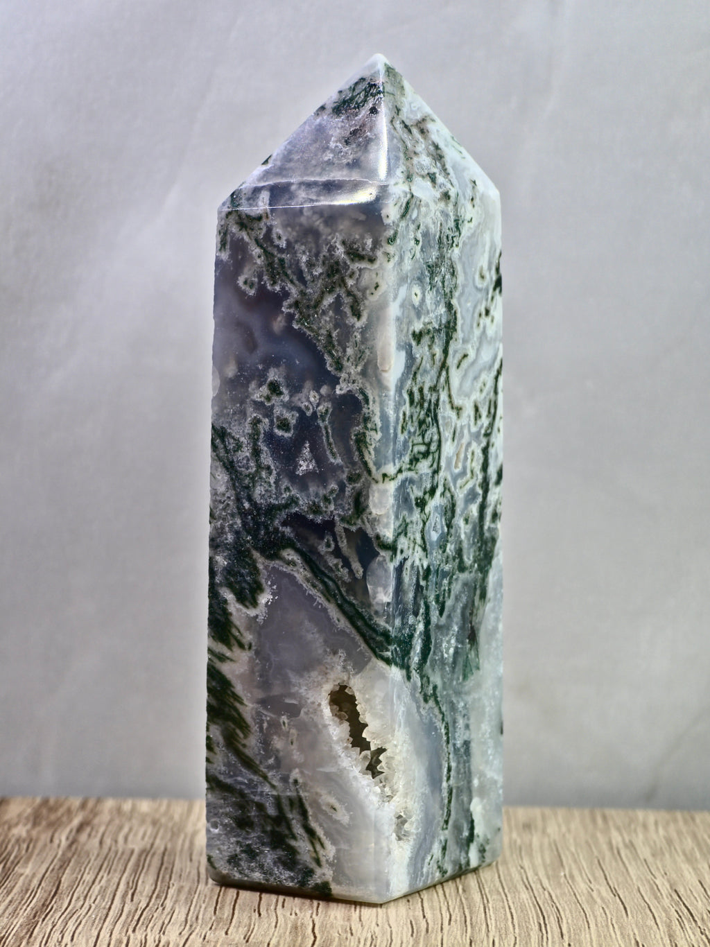 Moss Agate Druzy Tower — Quartz with Natural Inclusions + Open Crystal Pocket