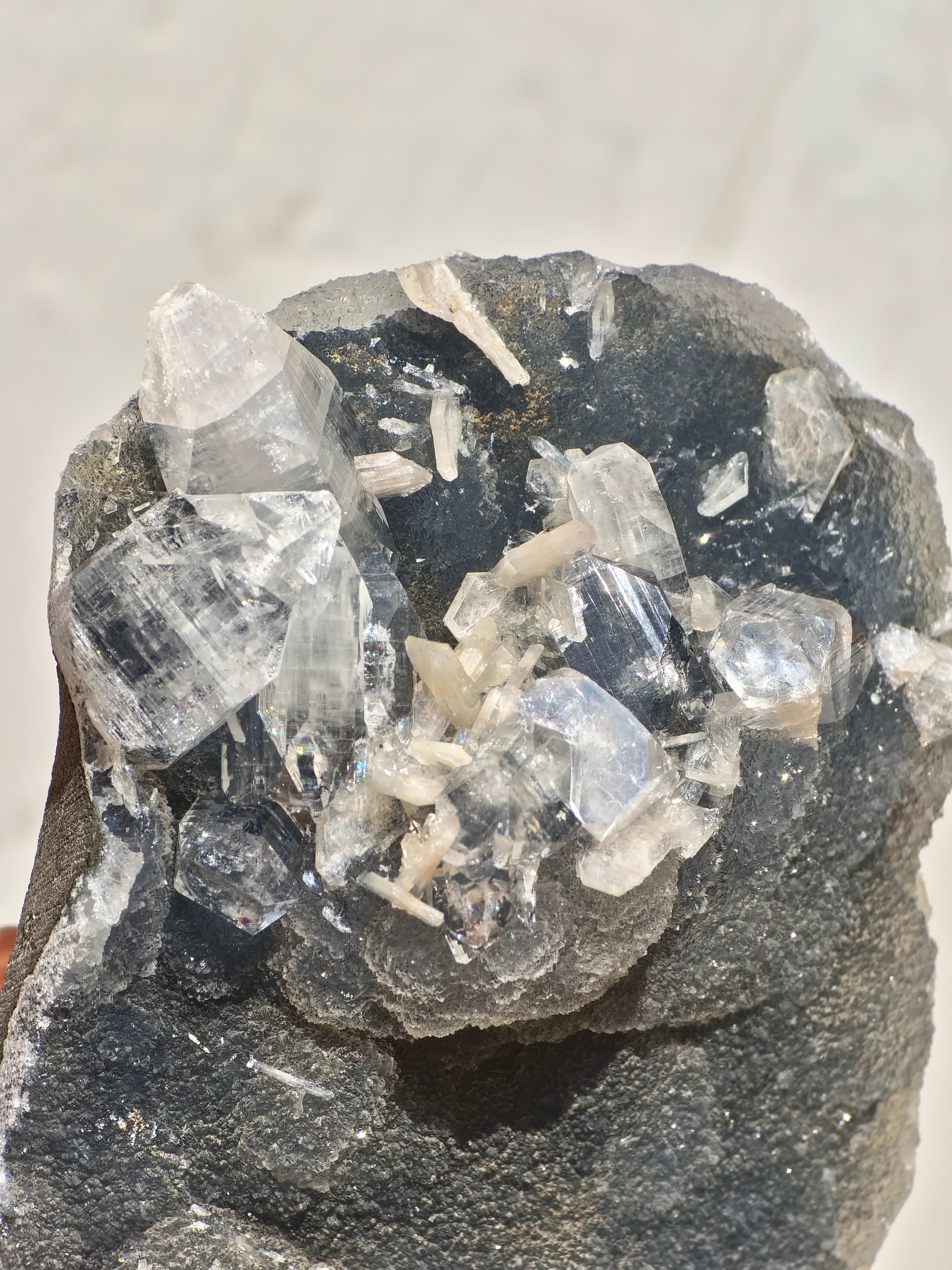 AAA Diamond Apophyllite on Blue Chalcedony with Peach Stilbite