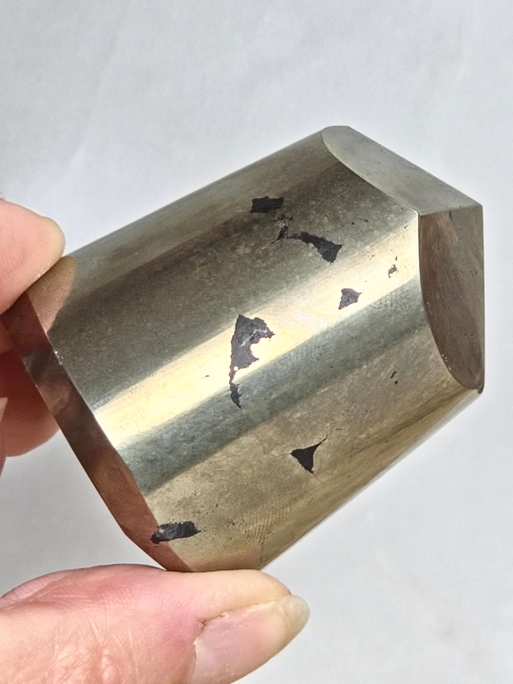 Pyrite Polished Cylinder Tower with Black Tourmaline Inclusions