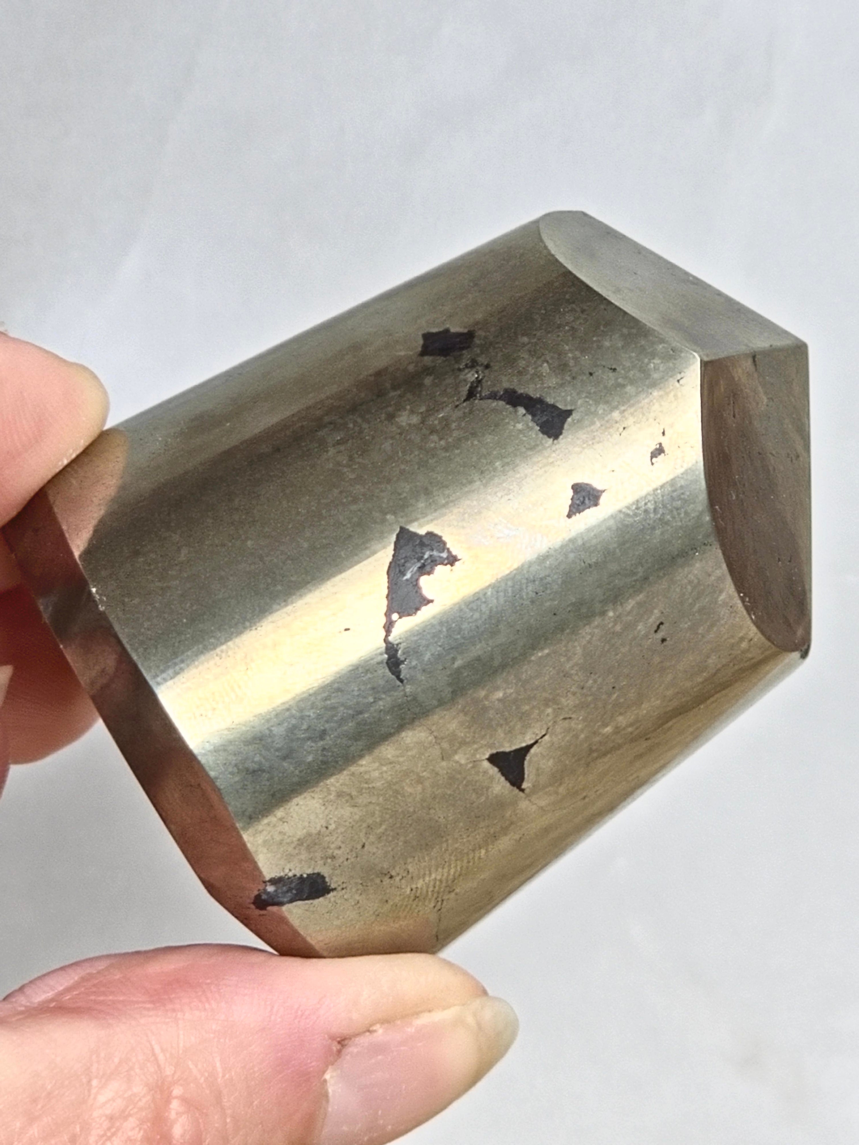 Pyrite Polished Cylinder Tower with Black Tourmaline Inclusions