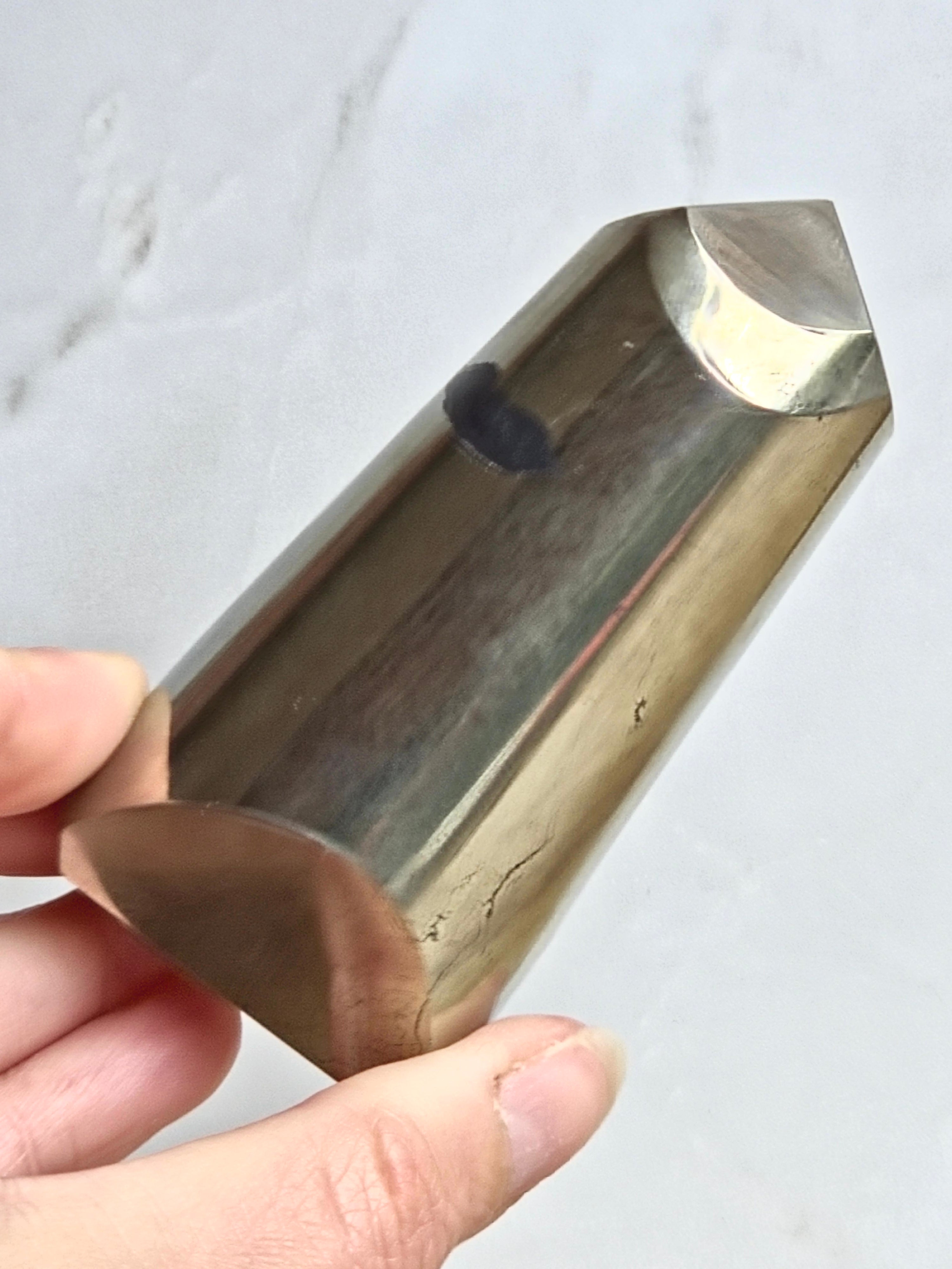 Pyrite Polished Cylinder Tower with Black Tourmaline Inclusion