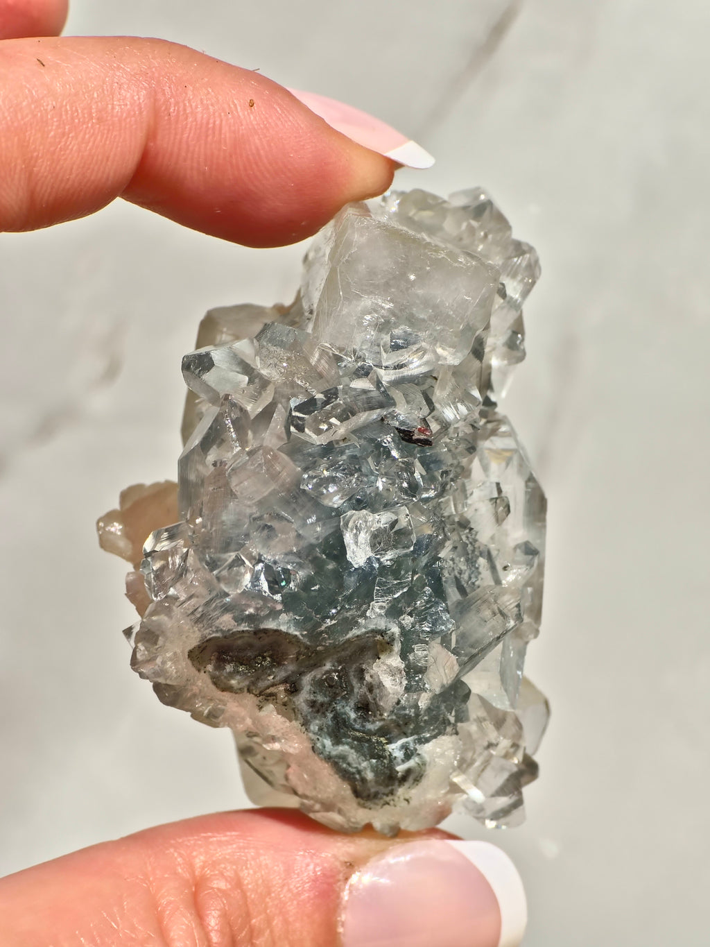 Diamond Apophyllite on Blue Chalcedony with Peach Stilbite & Calcite (AAA Grade)