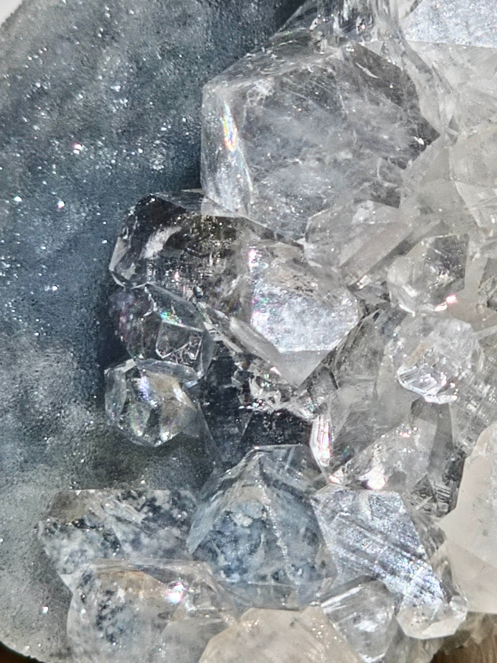 Diamond Apophyllite Cluster on Blue Chalcedony Druzy Matrix