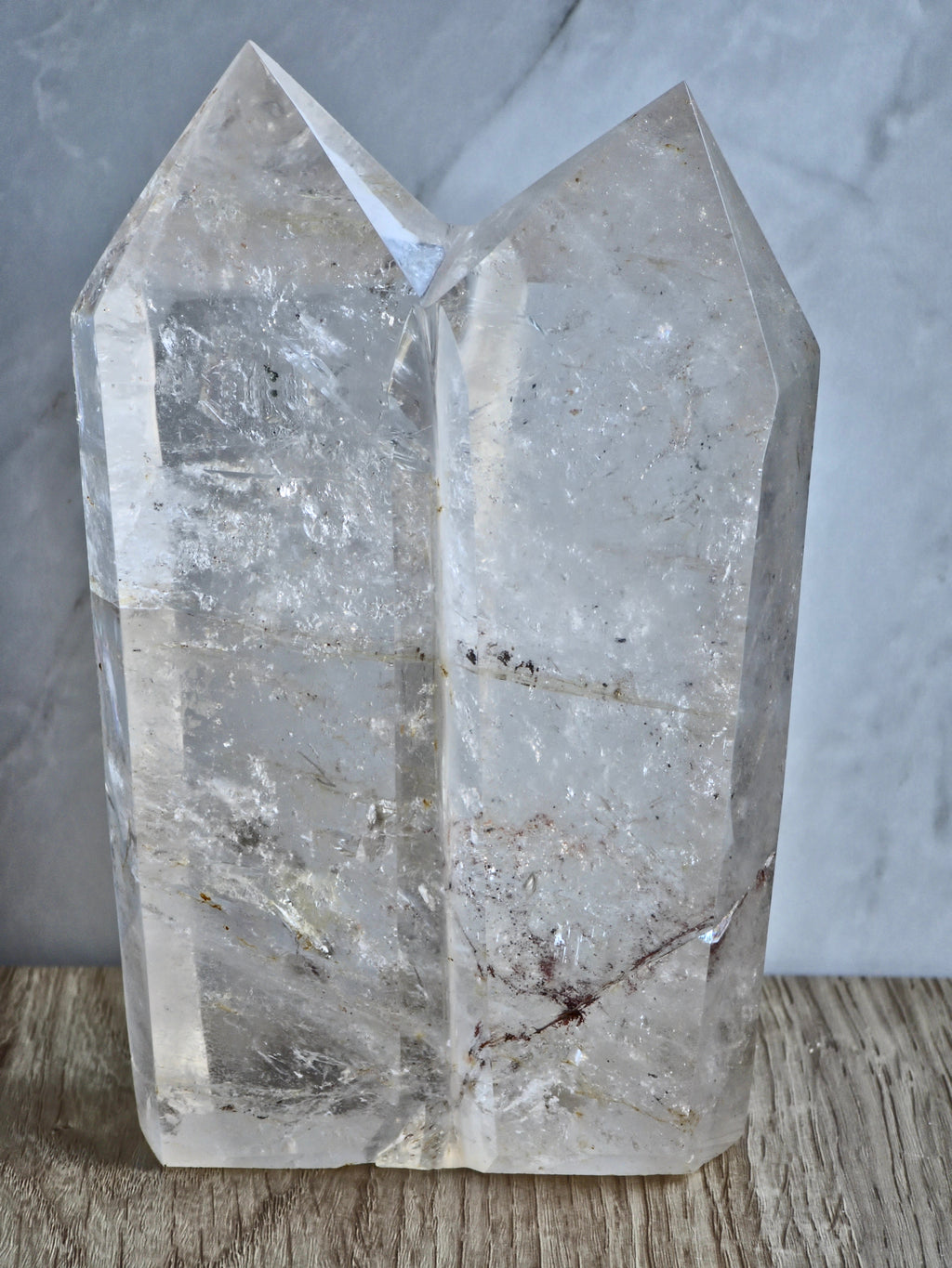 Quartz Twin Tower with Internal Inclusions and Rainbow Refraction.