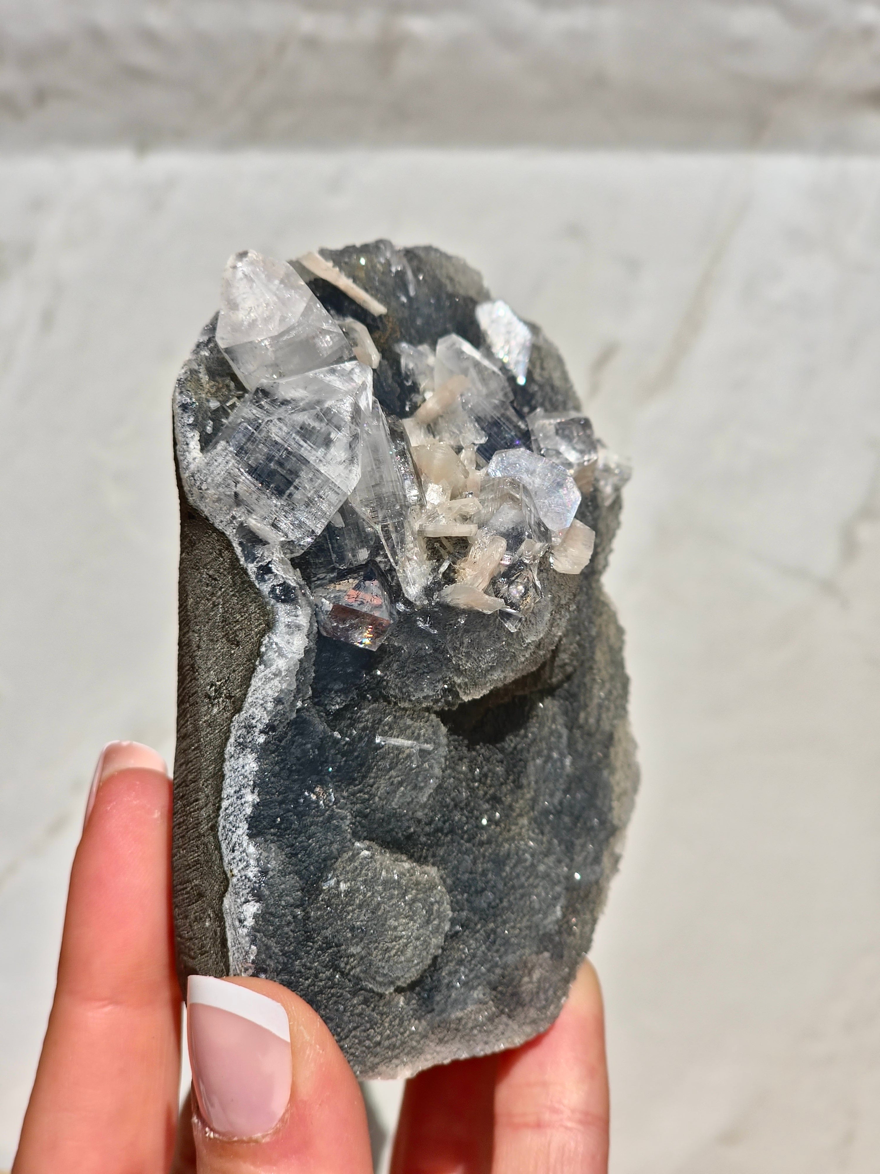 AAA Diamond Apophyllite on Blue Chalcedony with Peach Stilbite