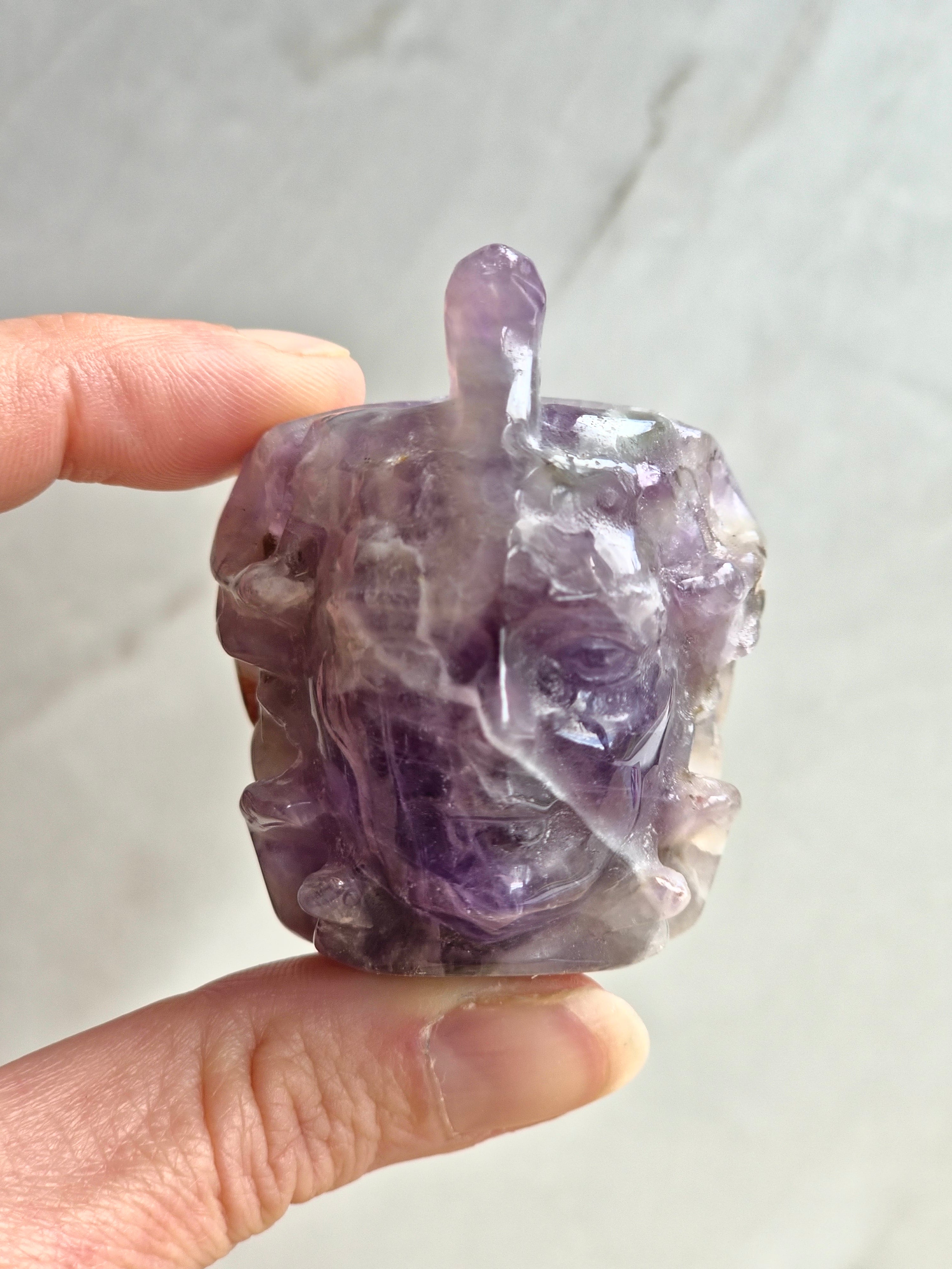 Amethyst Medusa Carving with Chevron Patterning & Natural Inclusions