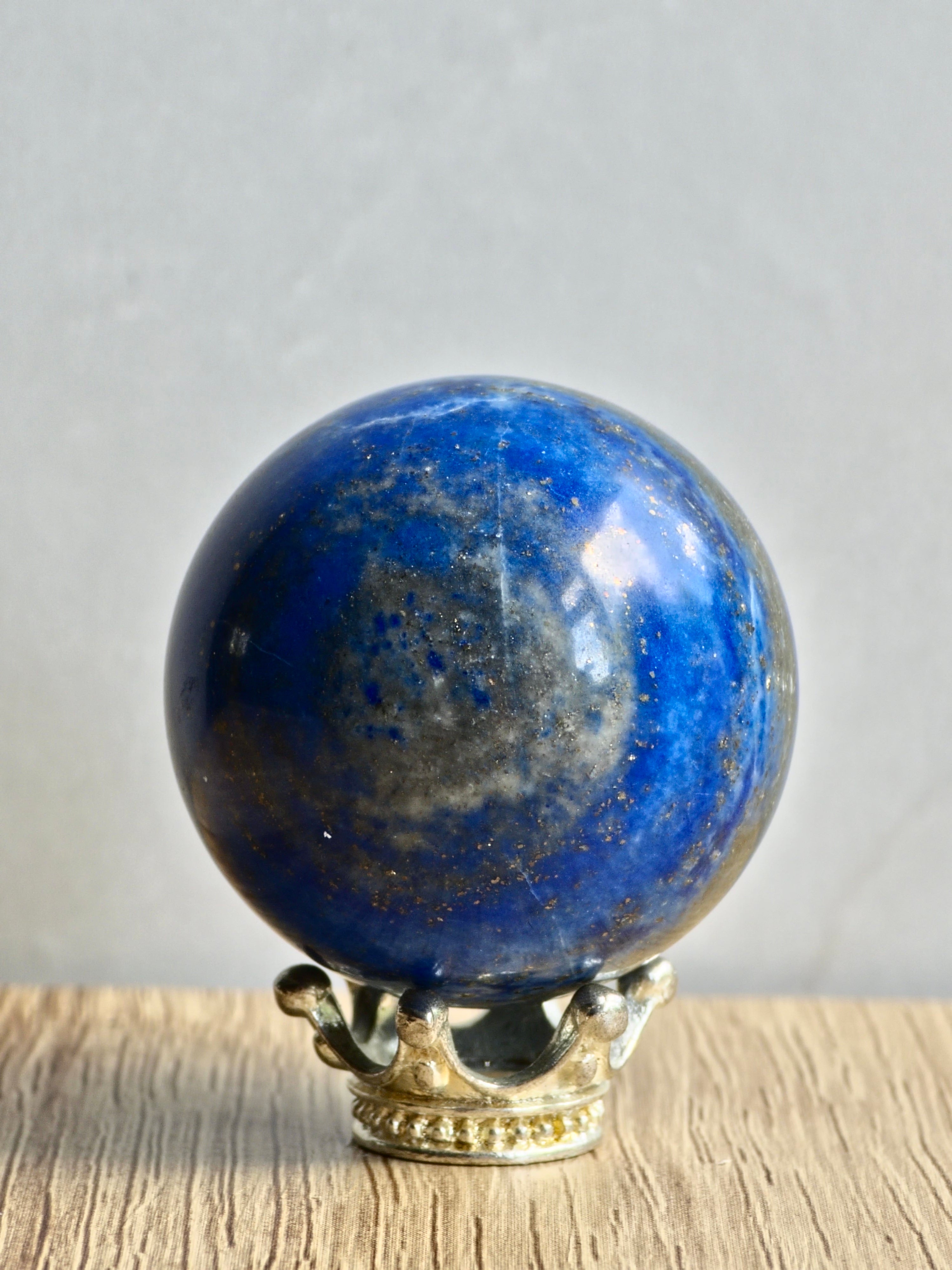 Lapis Lazuli Sphere — Deep Blue with Calcite Core + Pyrite Inclusions