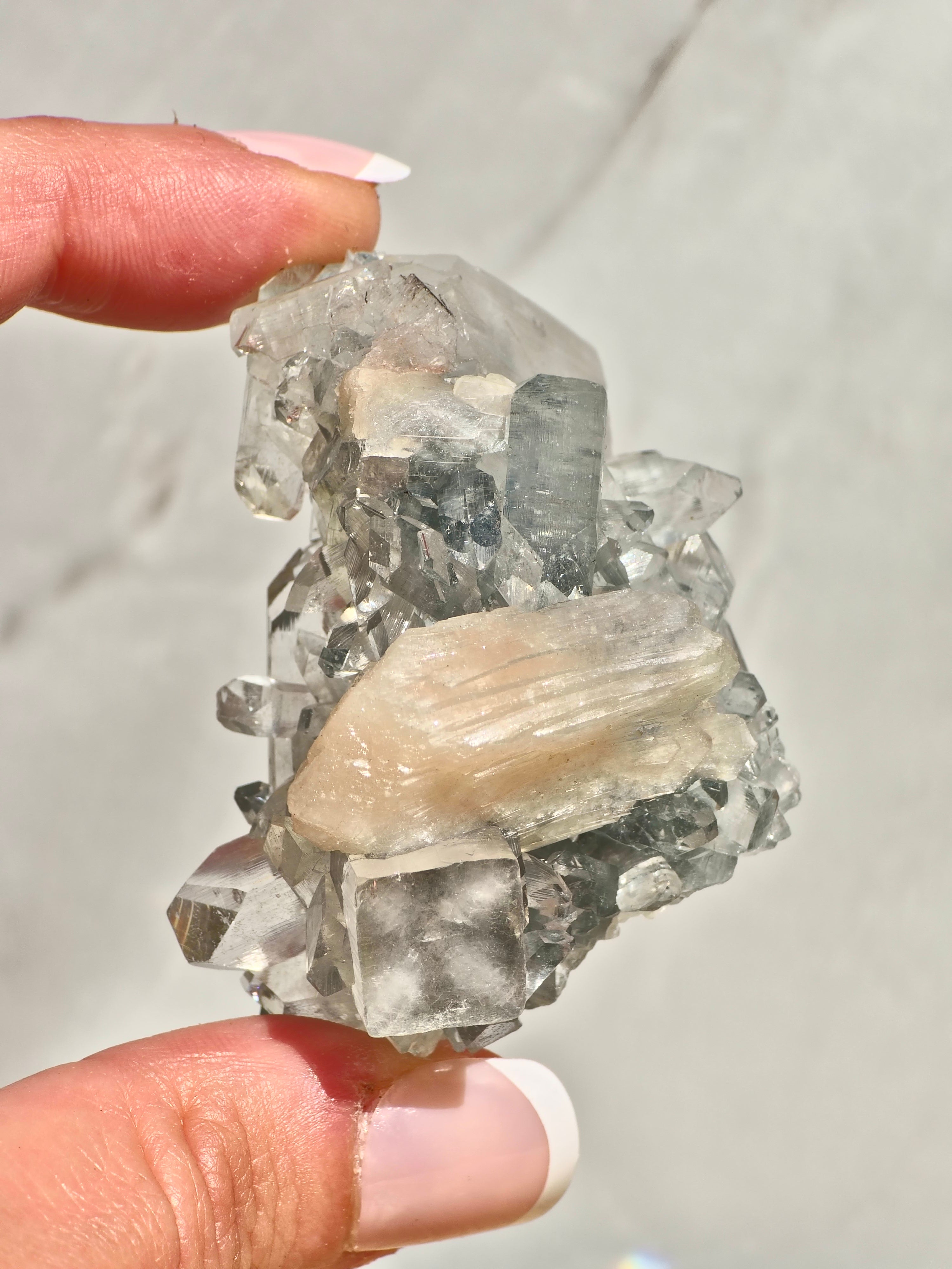 Diamond Apophyllite on Blue Chalcedony with Peach Stilbite & Calcite (AAA Grade)