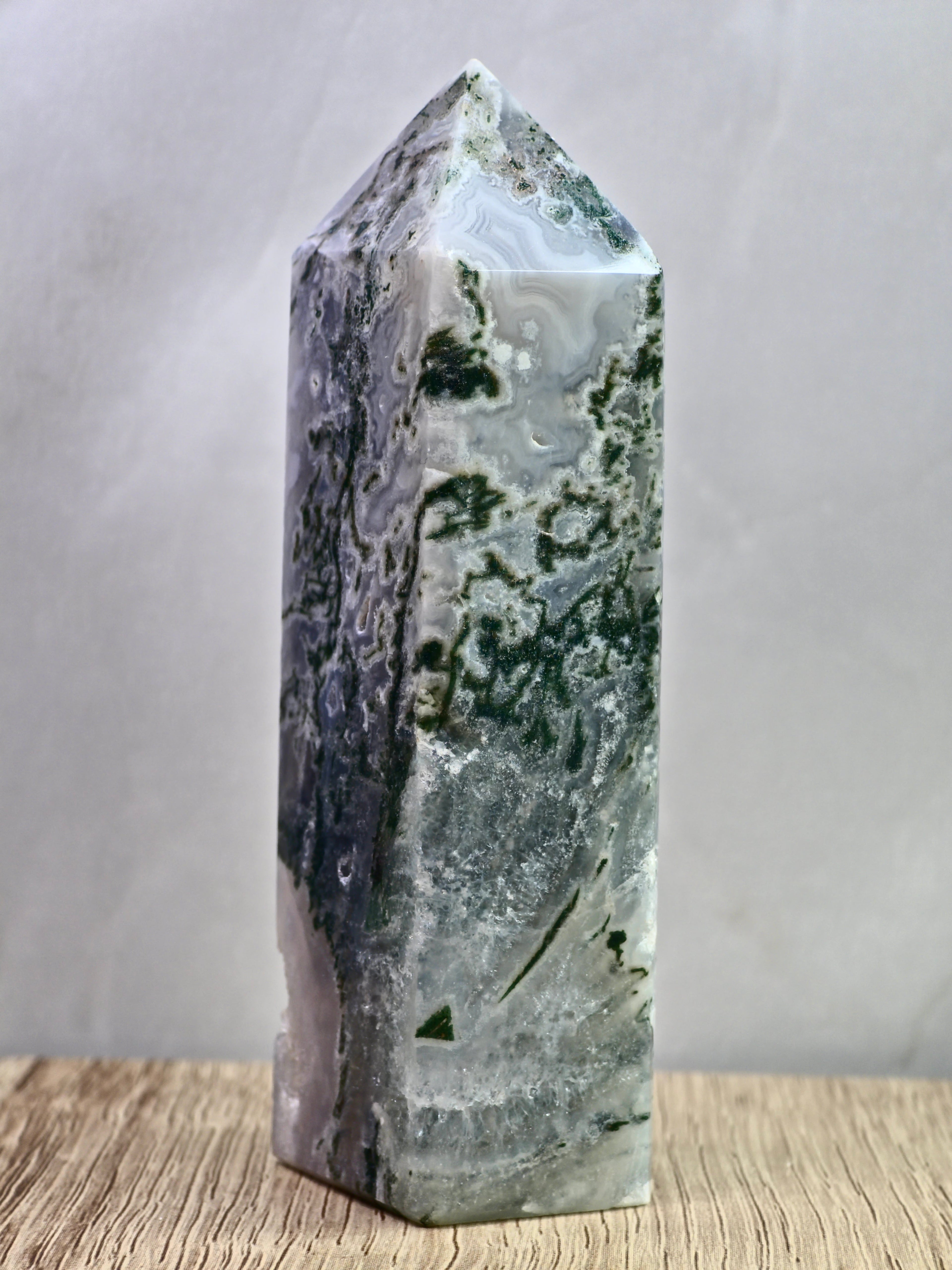 Moss Agate Druzy Tower — Quartz with Natural Inclusions + Open Crystal Pocket