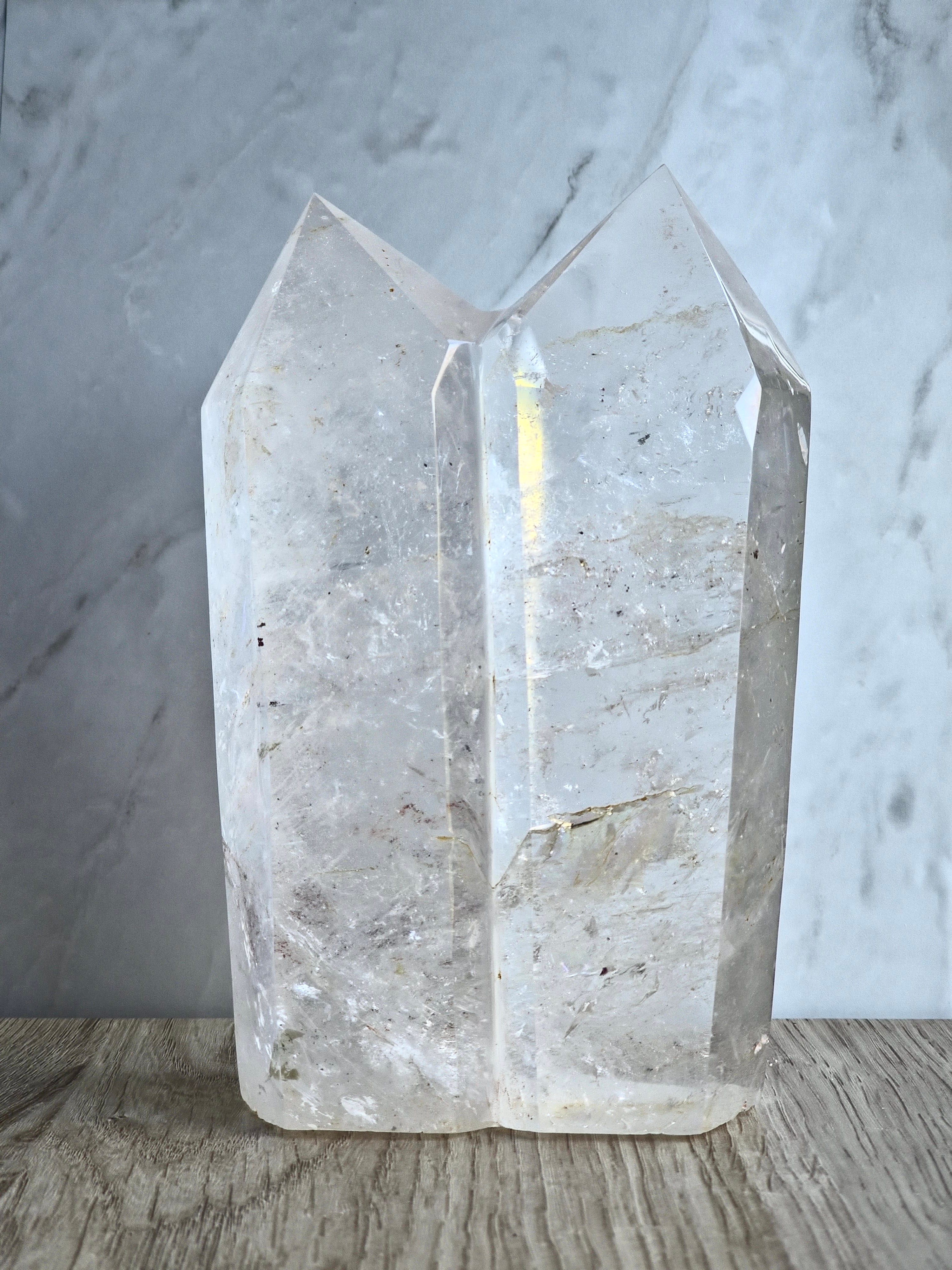 Quartz Twin Tower with Internal Inclusions and Rainbow Refraction.