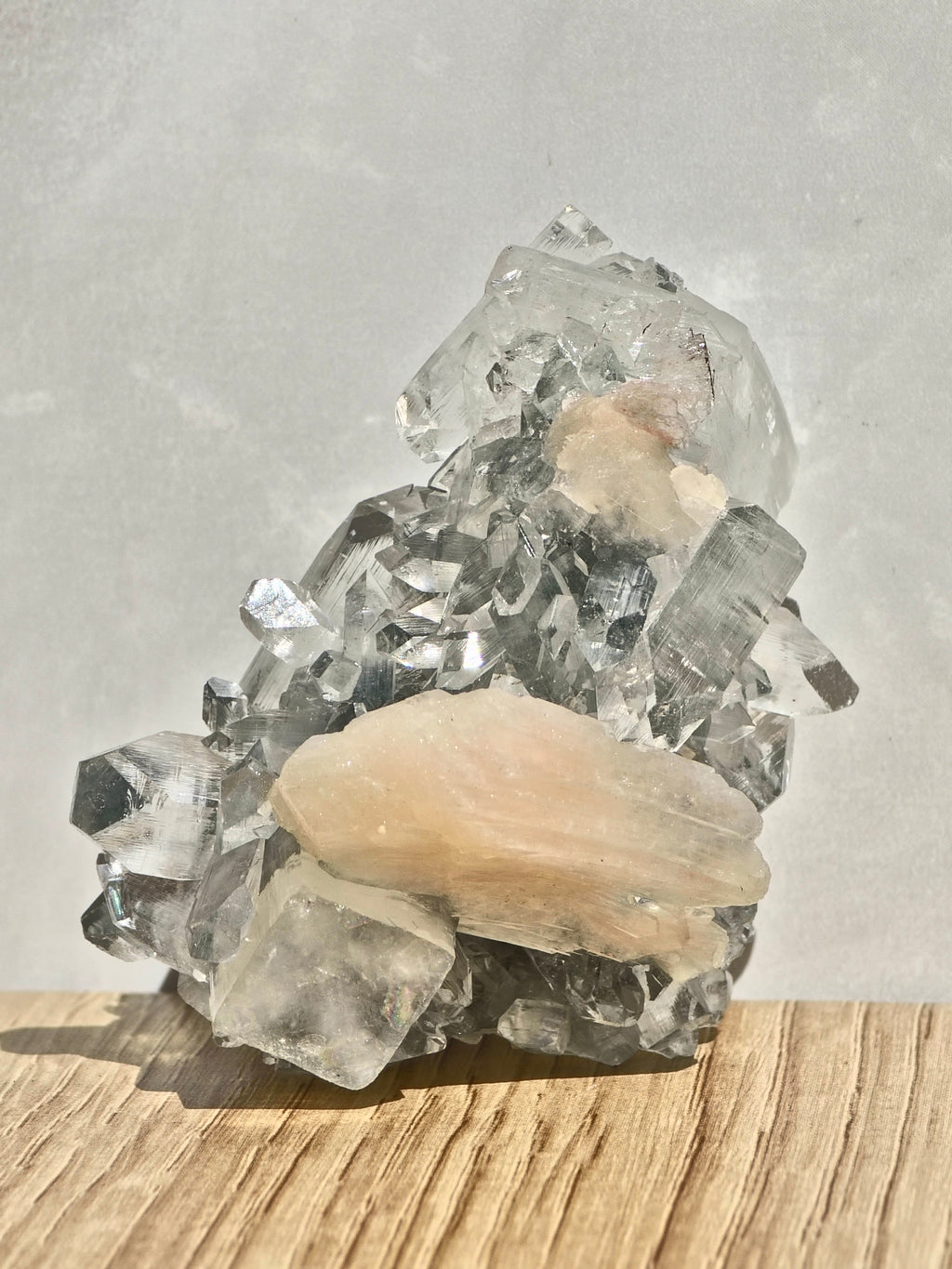 Diamond Apophyllite on Blue Chalcedony with Peach Stilbite & Calcite (AAA Grade)