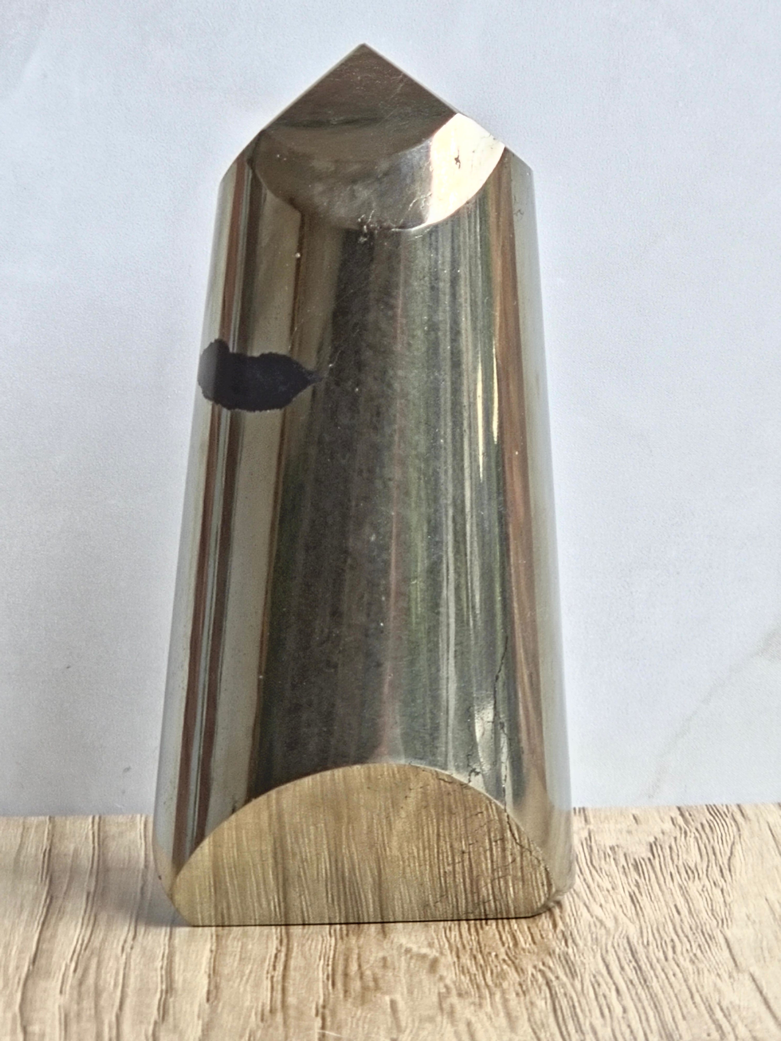 Pyrite Polished Cylinder Tower with Black Tourmaline Inclusion